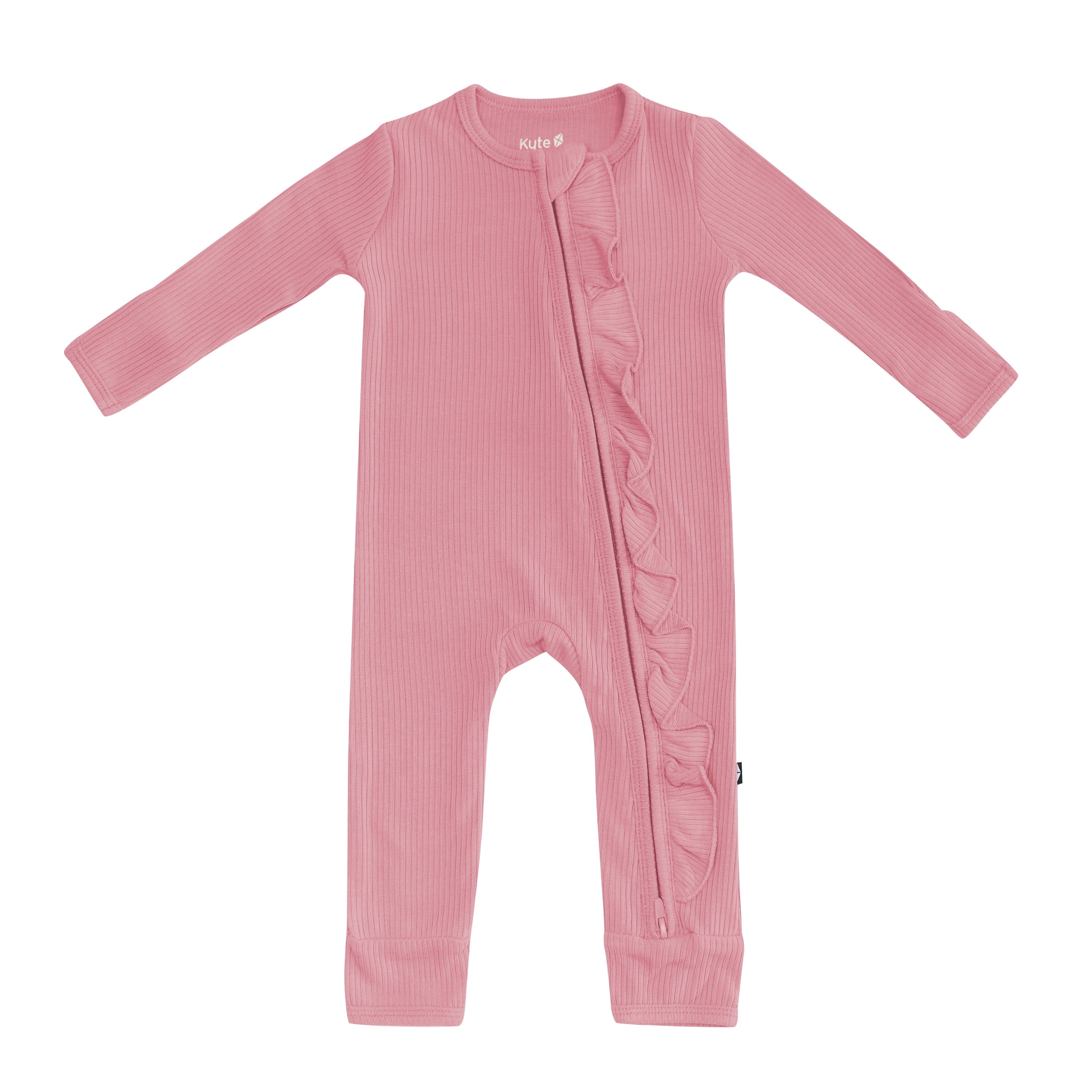 Kyte Baby Ribbed Ruffle Zipper Footie Ribbed Ruffle Zipper Romper in Apple Blossom