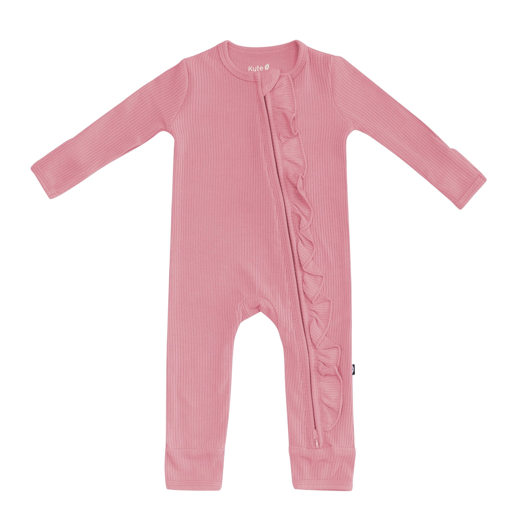 Kyte Baby Ribbed Ruffle Zipper Footie Ribbed Ruffle Zipper Romper in Apple Blossom