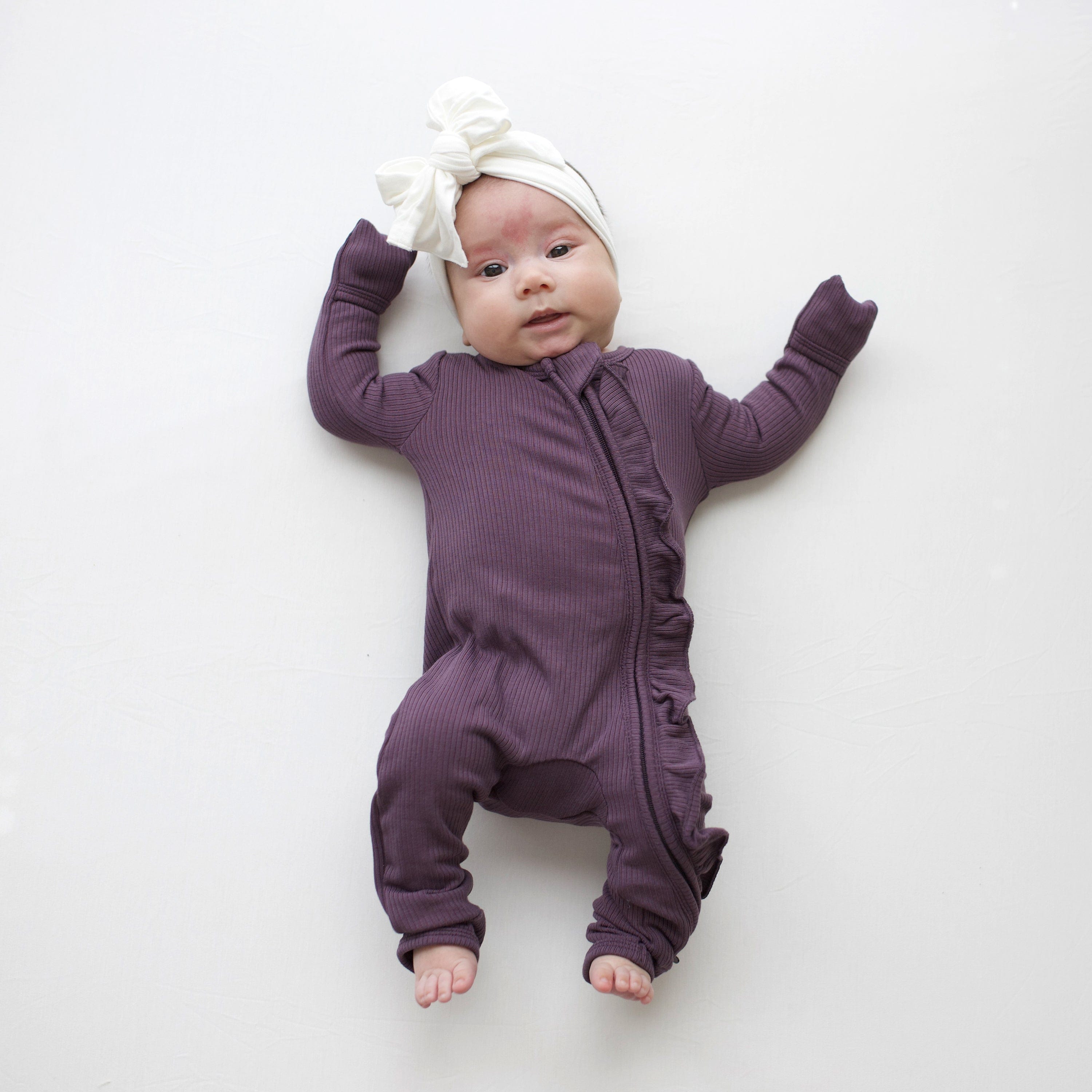 Ribbed Ruffle Zipper Romper in Currant1