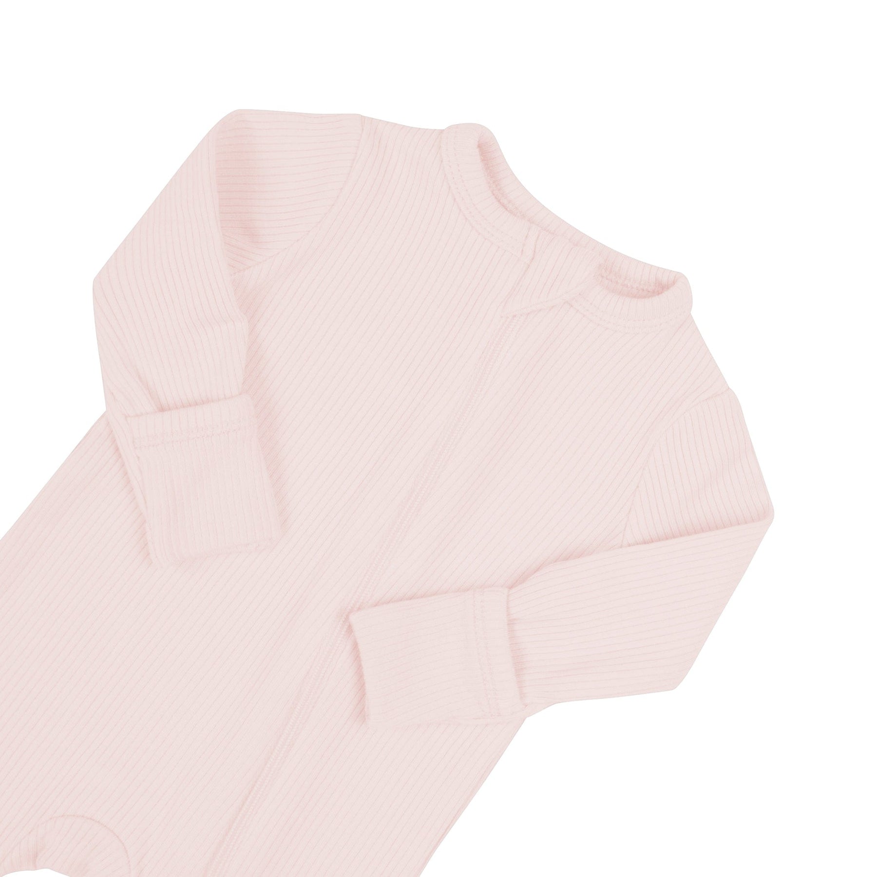 Zipper garage on Kyte Baby bamboo Ribbed Zippered Romper in Blush