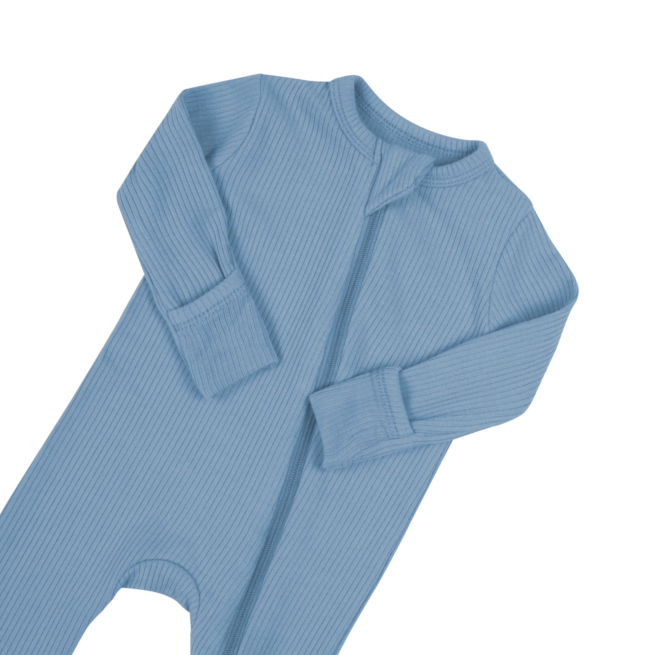 Fold over cuffs on Kyte Baby bamboo Ribbed Zippered Romper in Slate