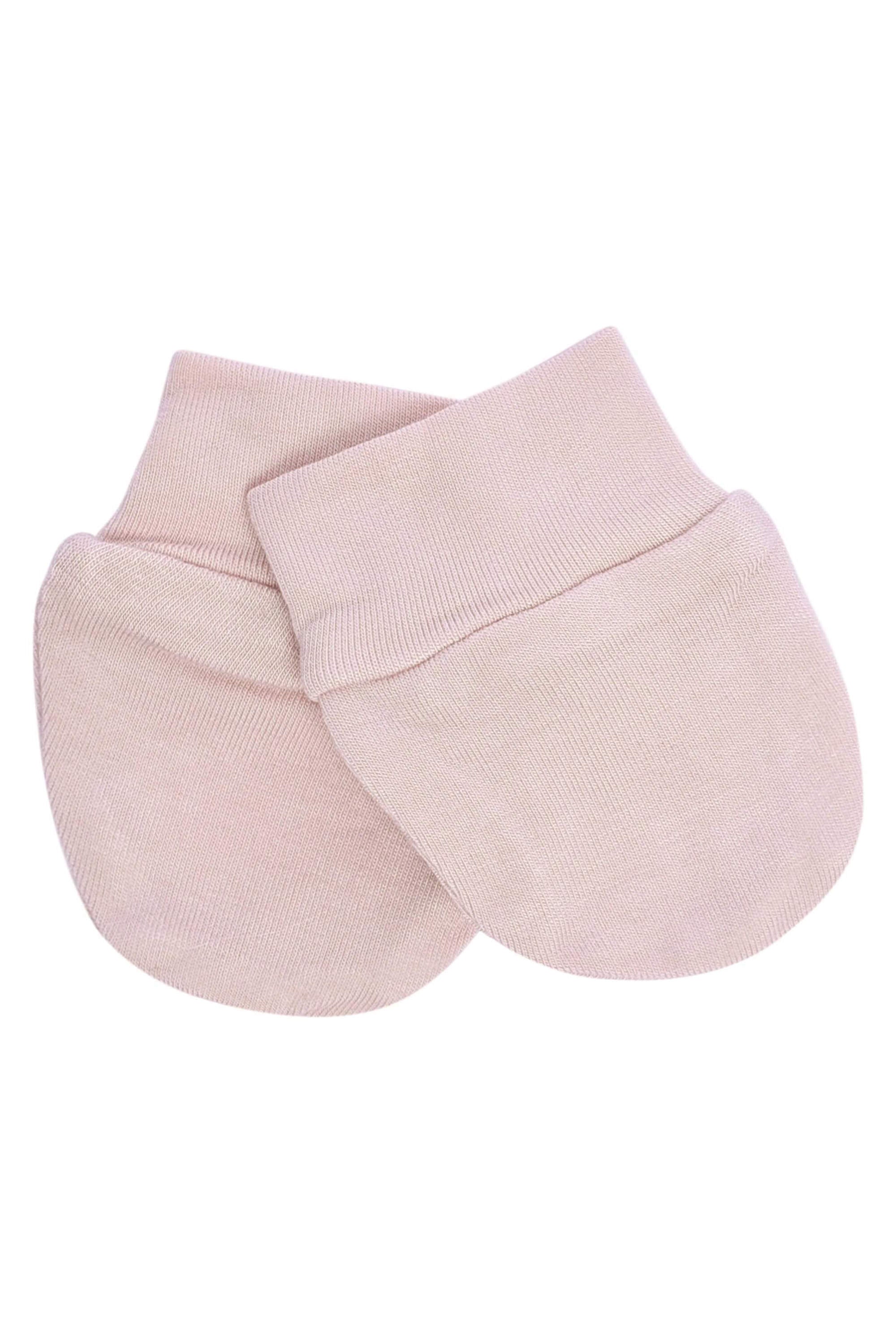 Flat lay of Kyte Baby Scratch Mittens in Blush