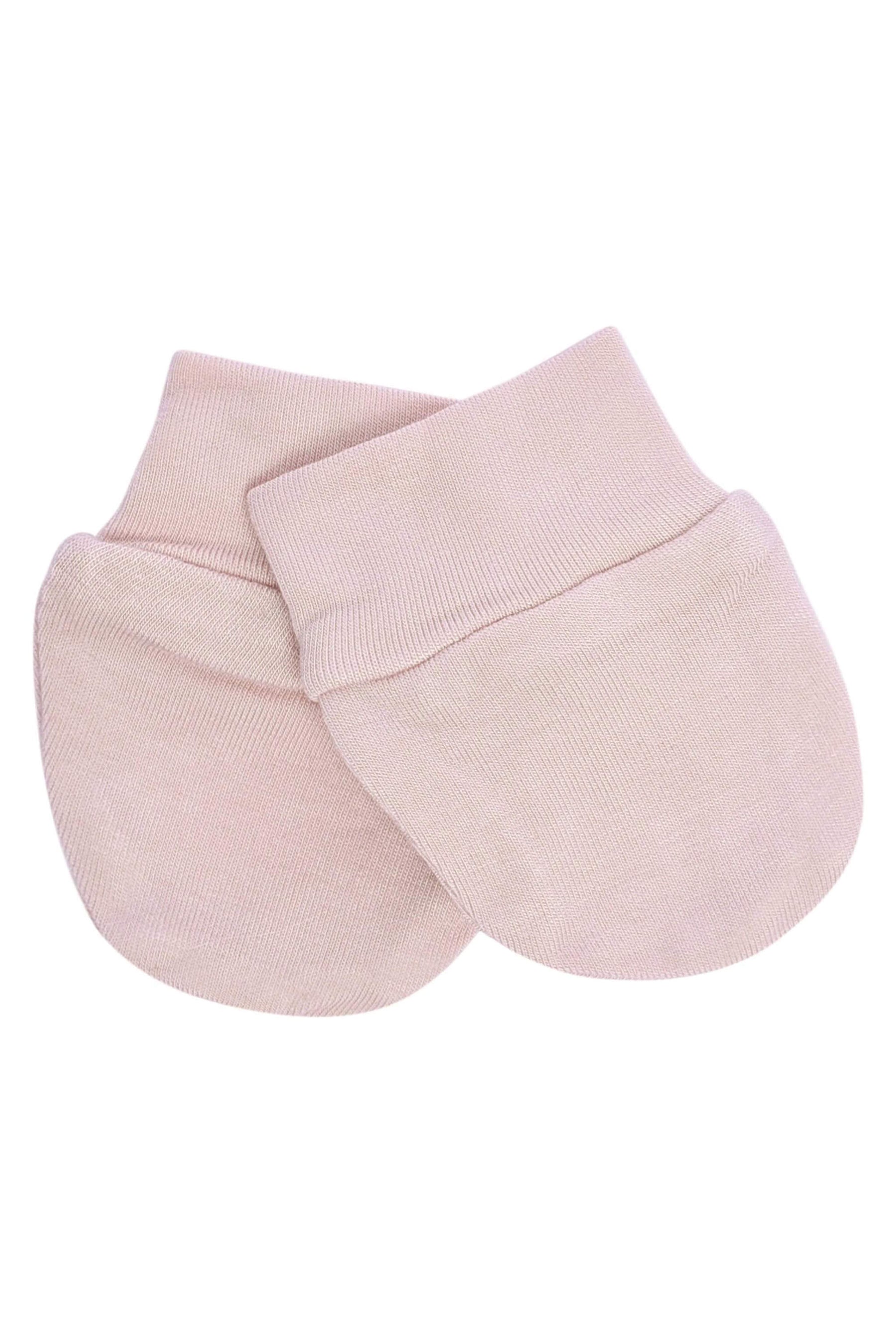 Flat lay of Kyte Baby Scratch Mittens in Blush