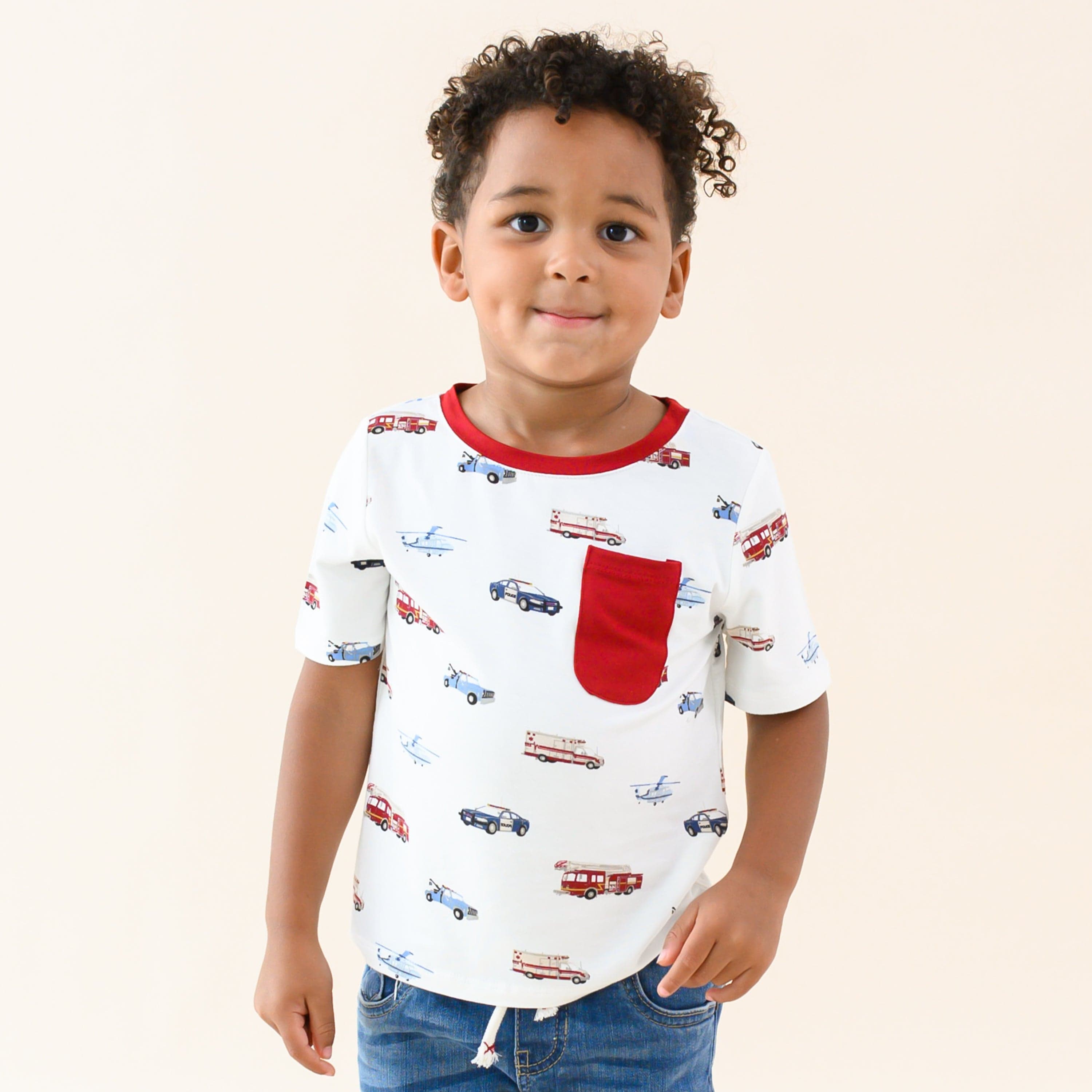 Toddler modeling Kyte Baby Short Sleeve Toddler Unisex Tee in First Responder