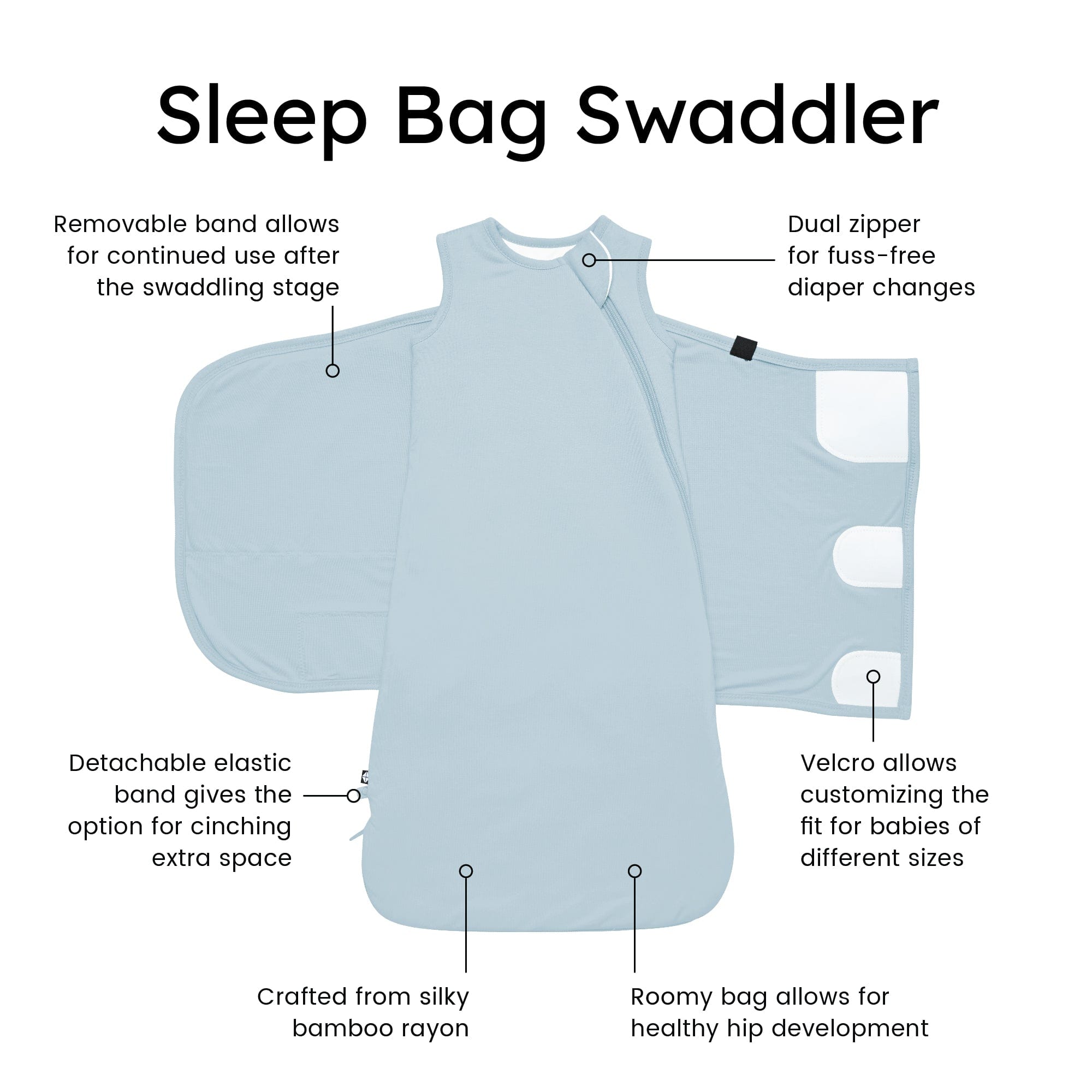 Kyte Baby Sleep Bag Swaddler in Fog with benefits listed