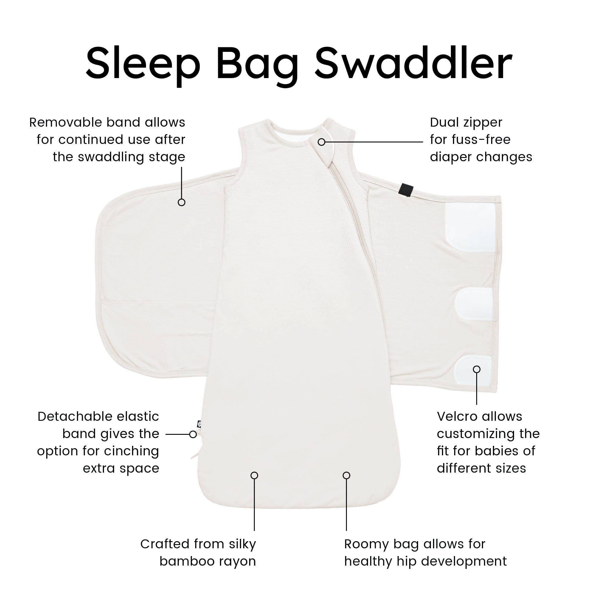 Kyte Baby Sleep Bag Swaddler in Oat with benefits listed