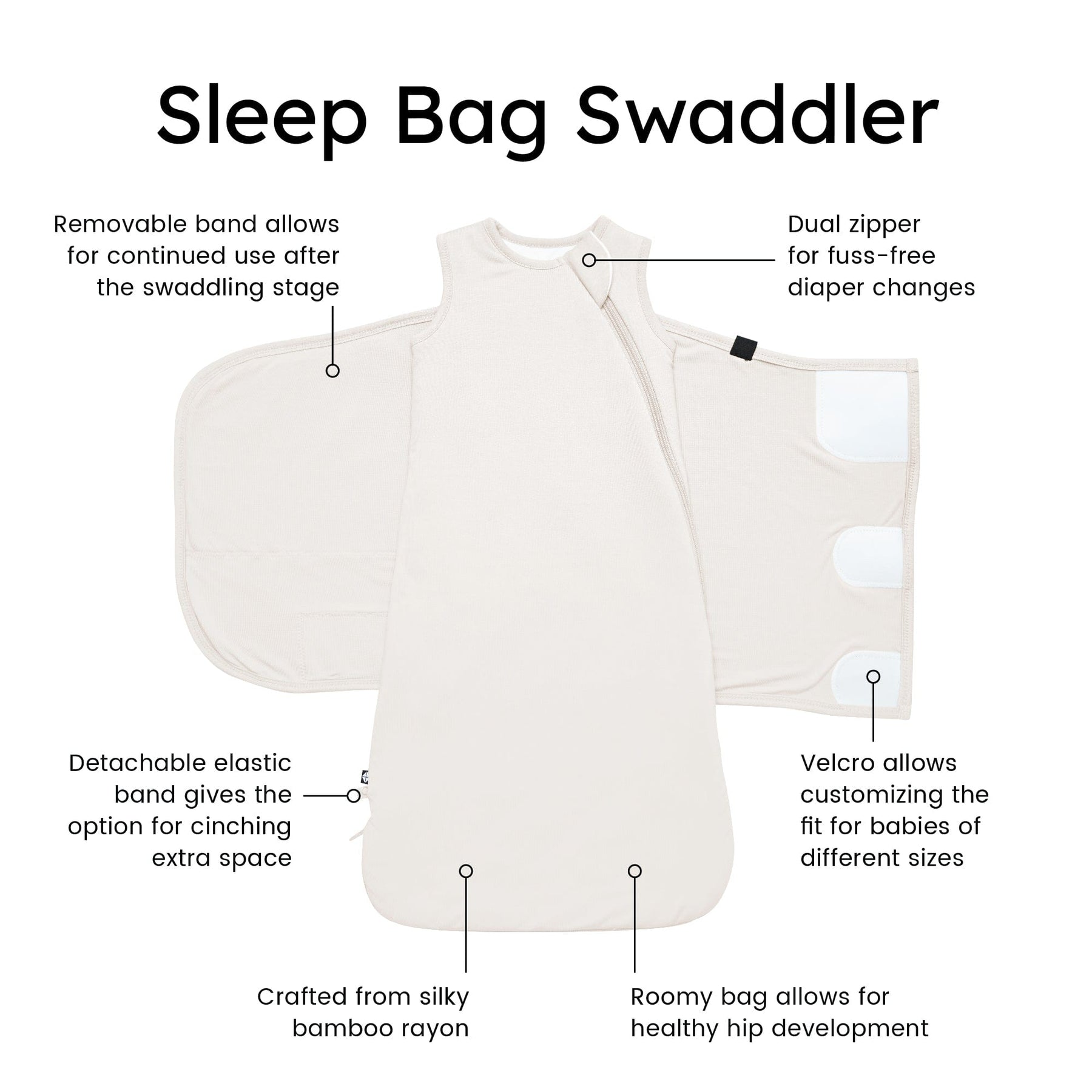 Kyte Baby Sleep Bag Swaddler in Oat with benefits listed