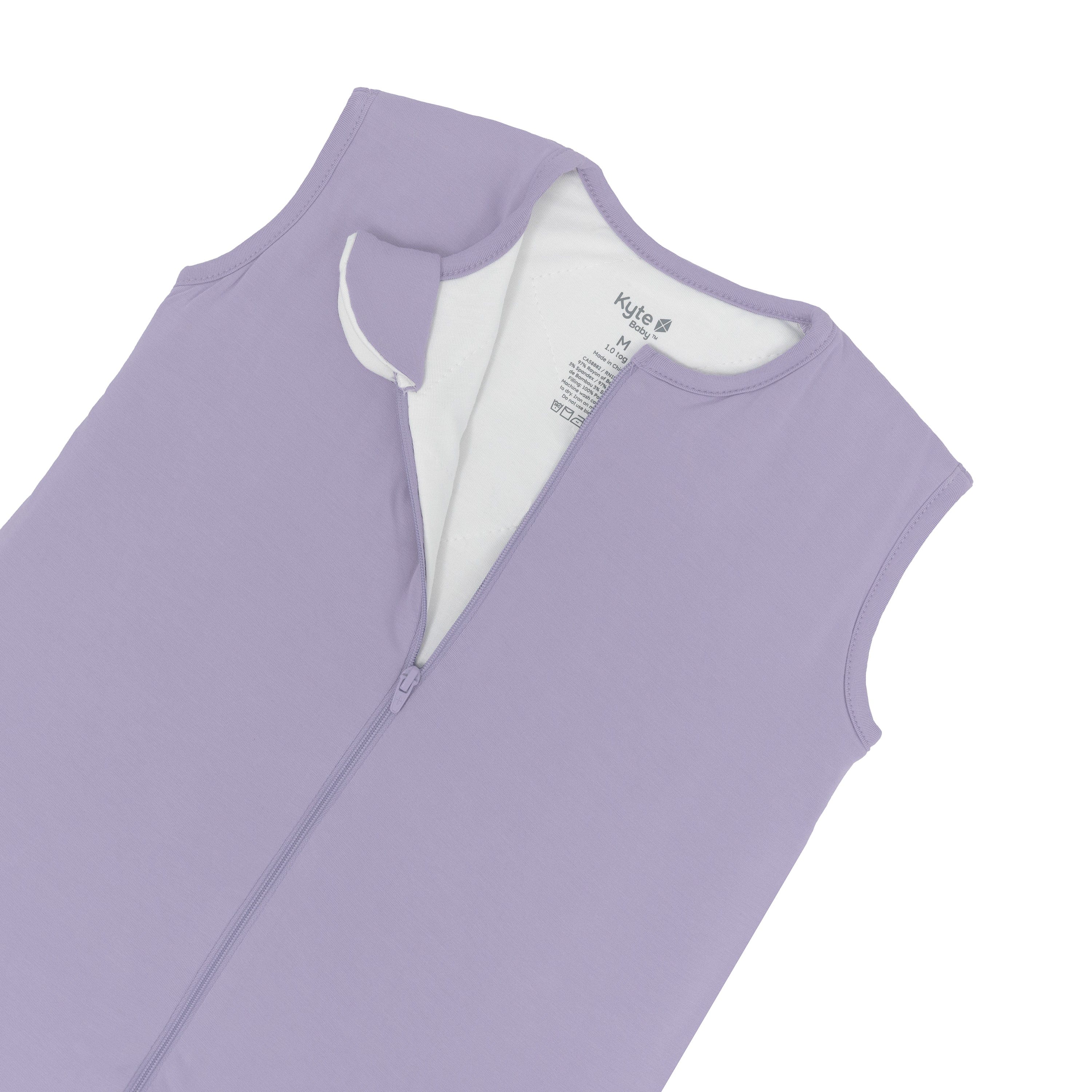 Close up of the Sleep Bag Walker in Taro 1.0 shown unzipped