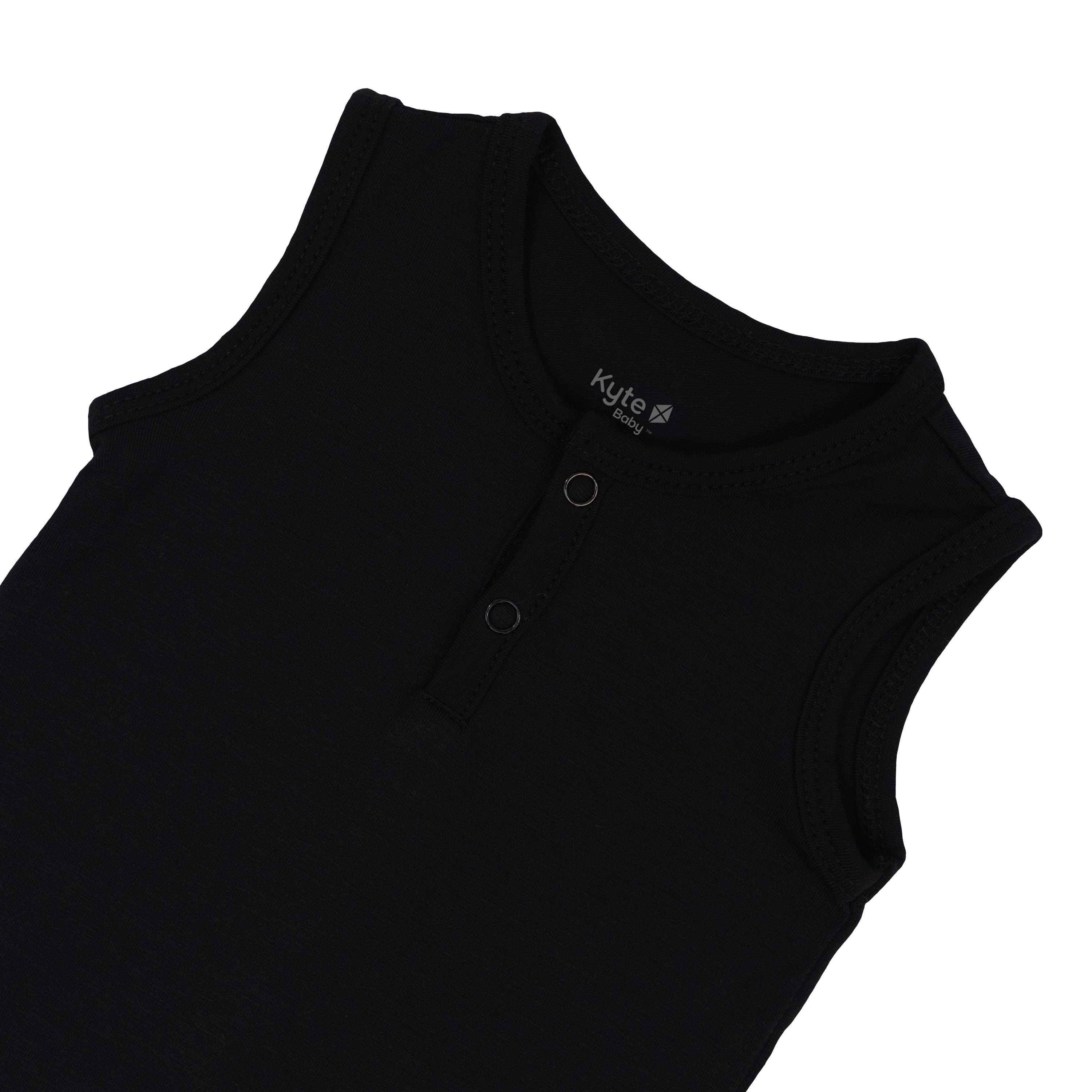 Close up of top portion of Kyte Baby Sleeveless Bodysuit in Midnight
