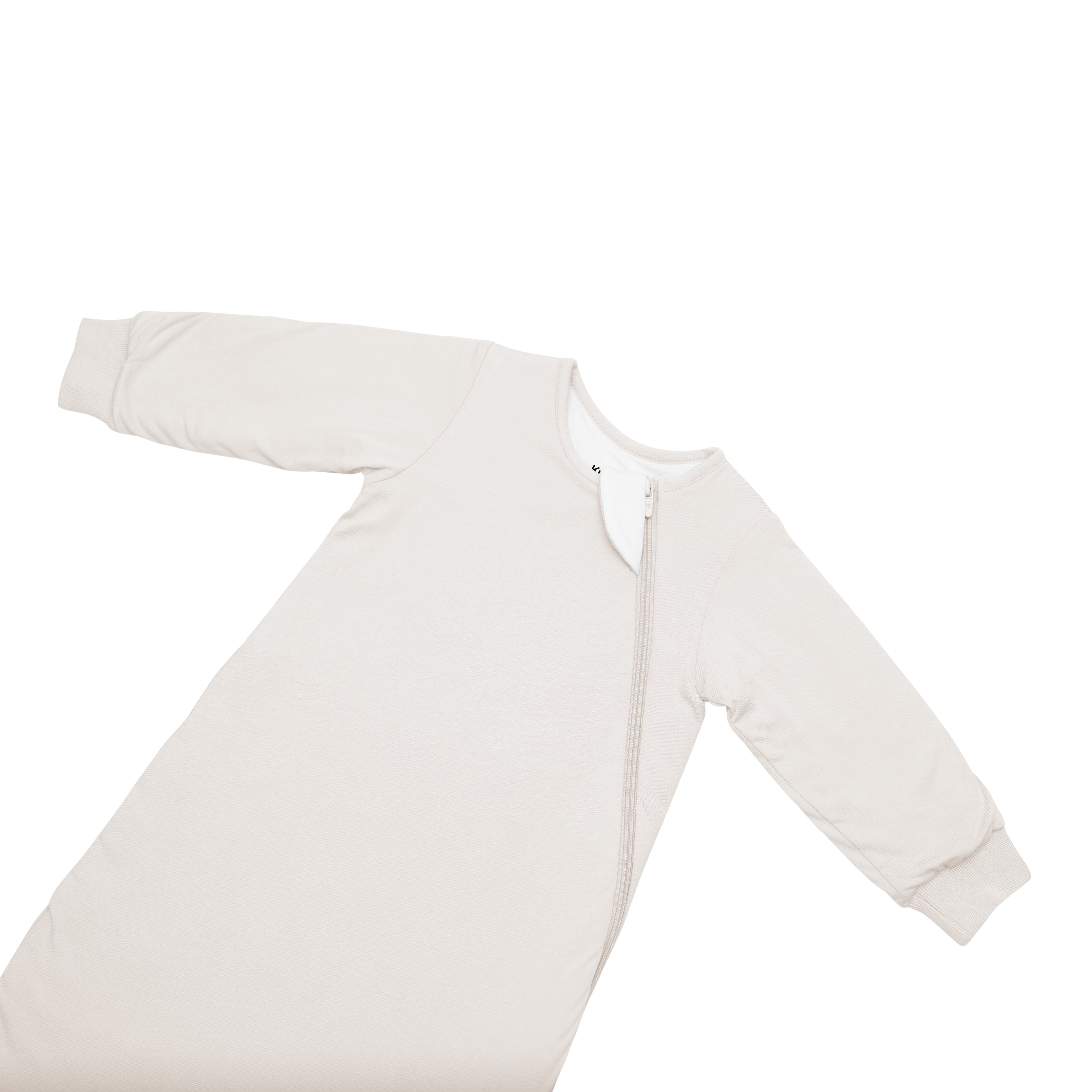Zipper garage on Kyte Baby bamboo Slumber Bag wearable blanket in Oat