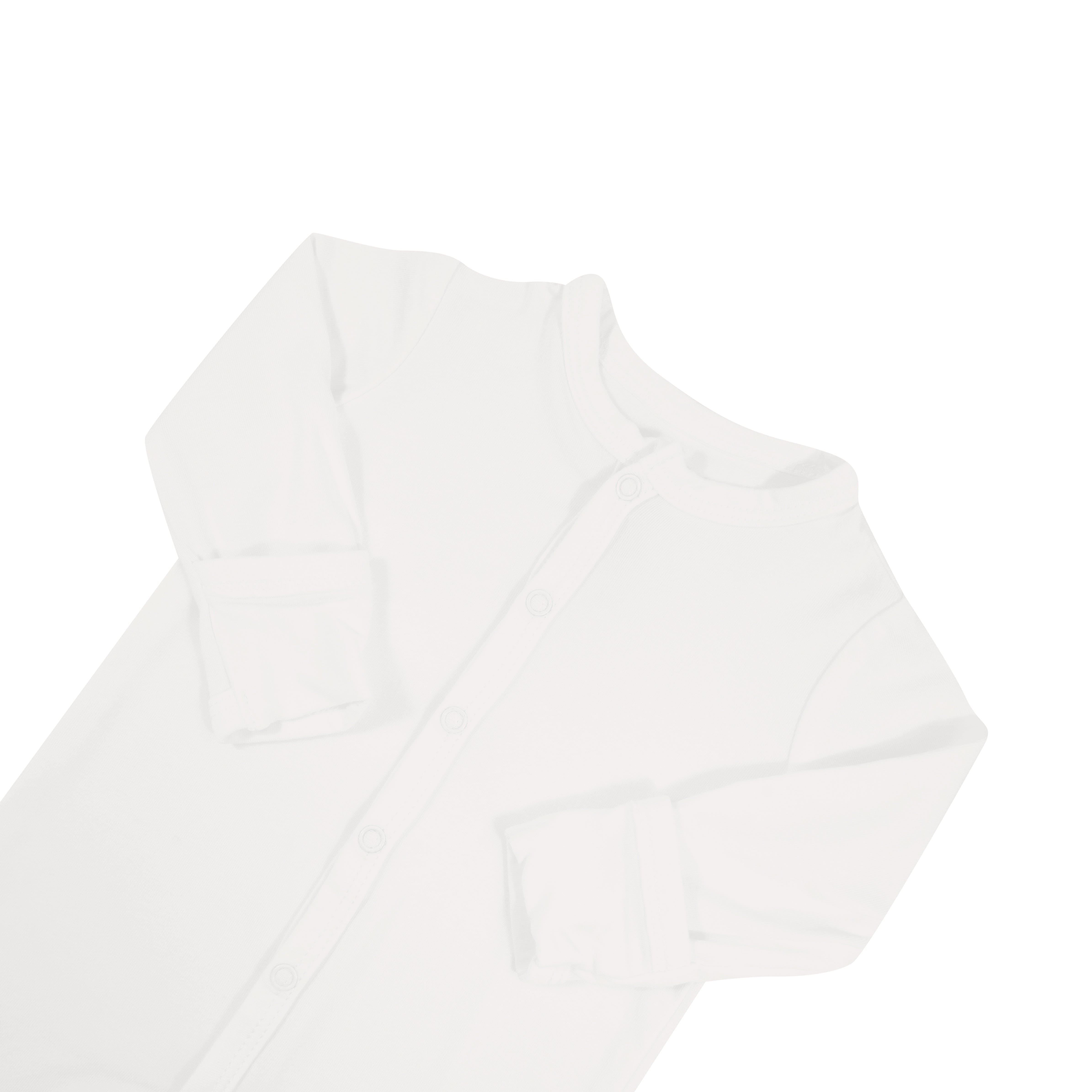 Close up of torso area of Kyte Baby long sleeve snap Romper in Cloud