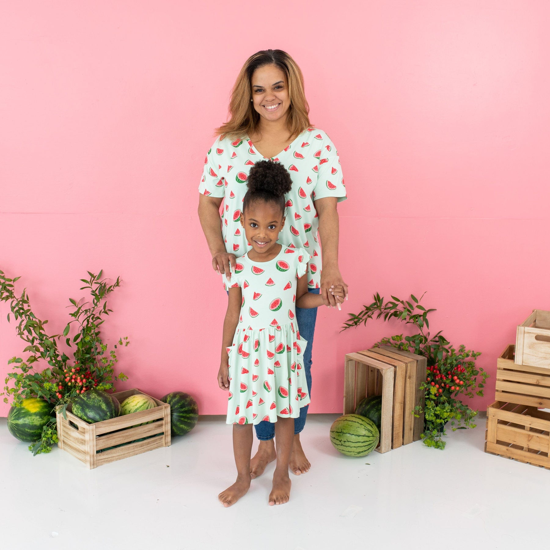 Mom and daughter wearing coordinating Watermelon Kyte Baby outfits