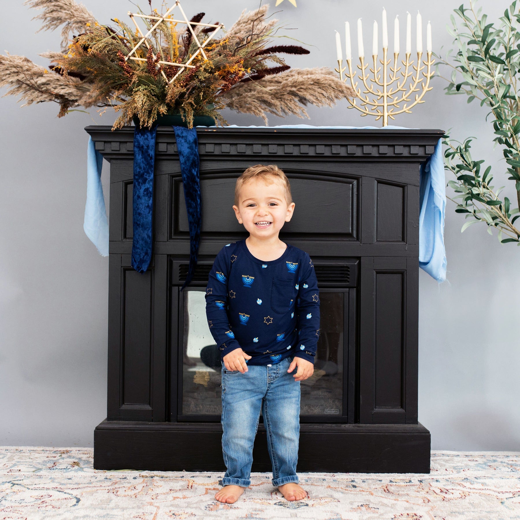 Kyte Baby Toddler Unisex Tee Long Sleeve Toddler Crew Neck Tee in Hanukkah