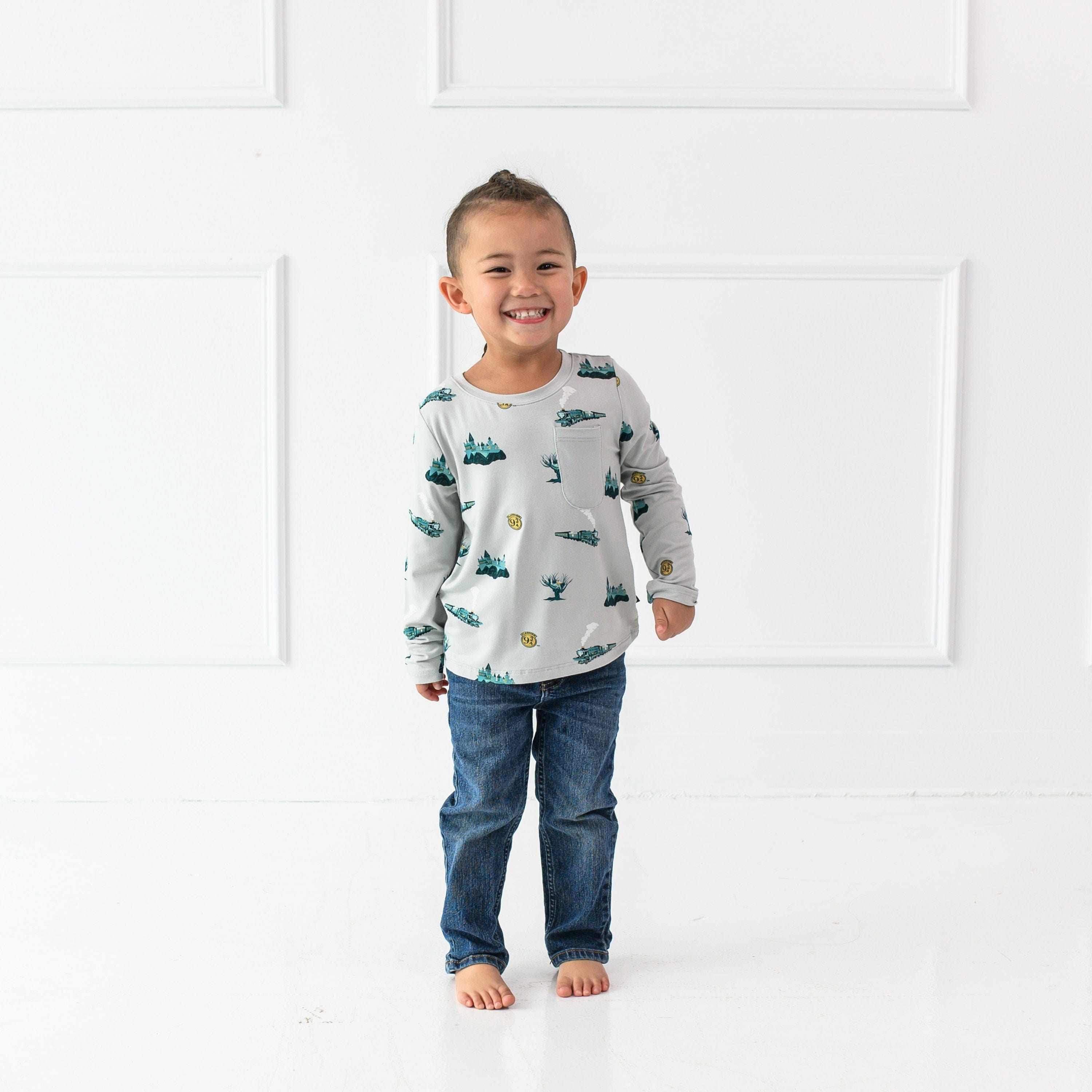 Toddler wearing Kyte Baby Long Sleeve Crew Neck Tee in Journey