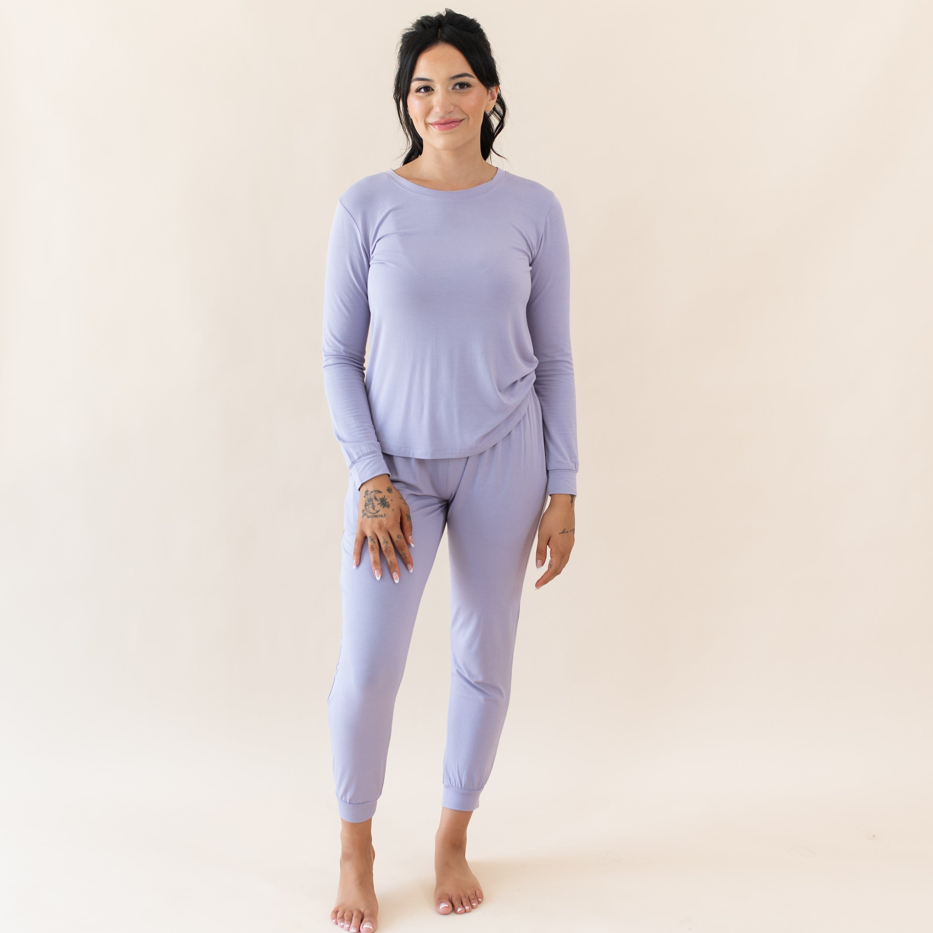 Woman wearing Long Sleeve Bamboo Jogger Pajama Set in Taro Purple