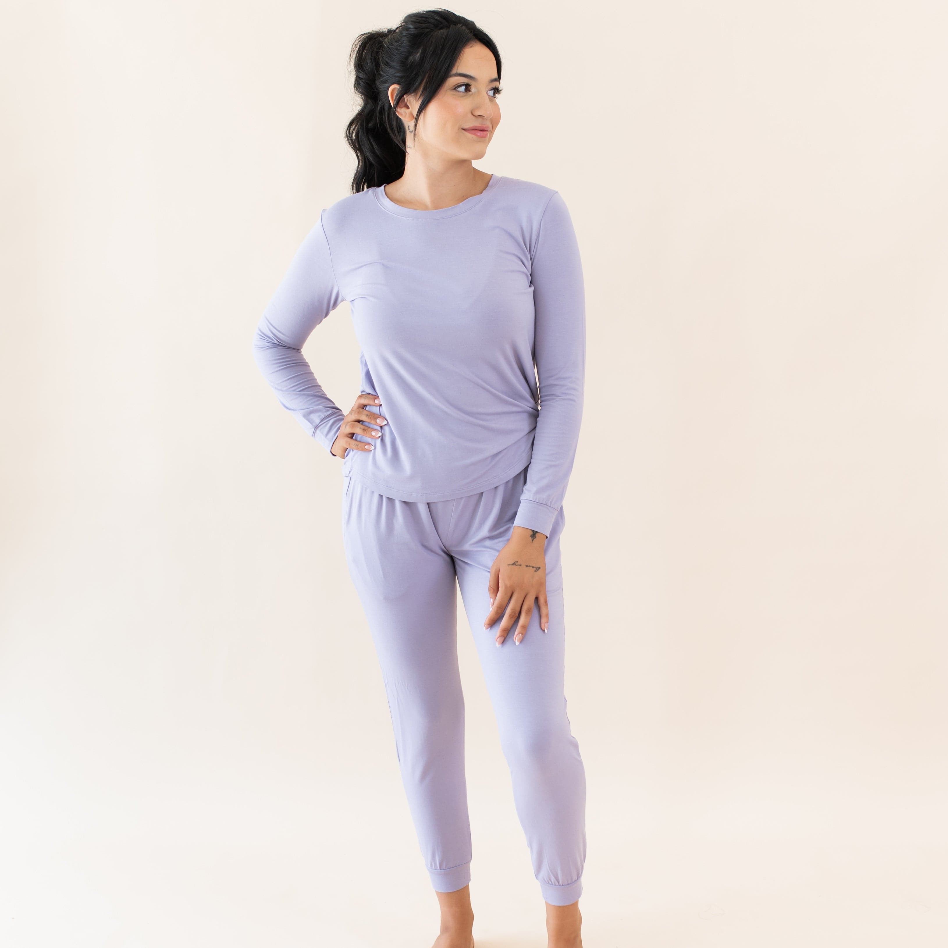 Woman wearing Women's Jogger Pajama Set in Taro