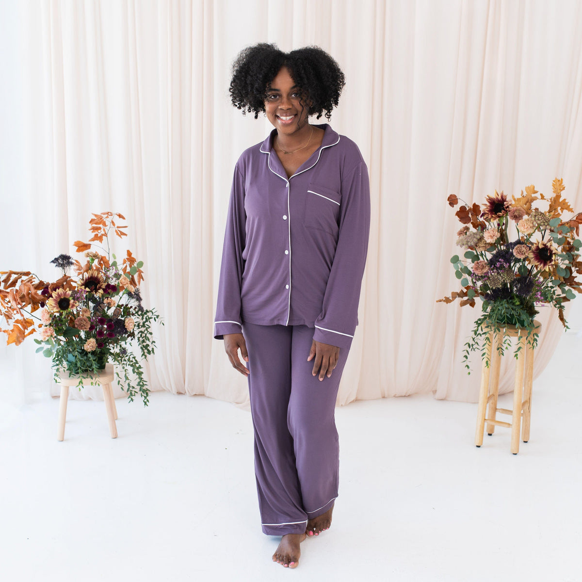 Kyte Baby Women’s Long Sleeve Pajama Set Women's Long Sleeve Pajama Set in Currant with Cloud Trim