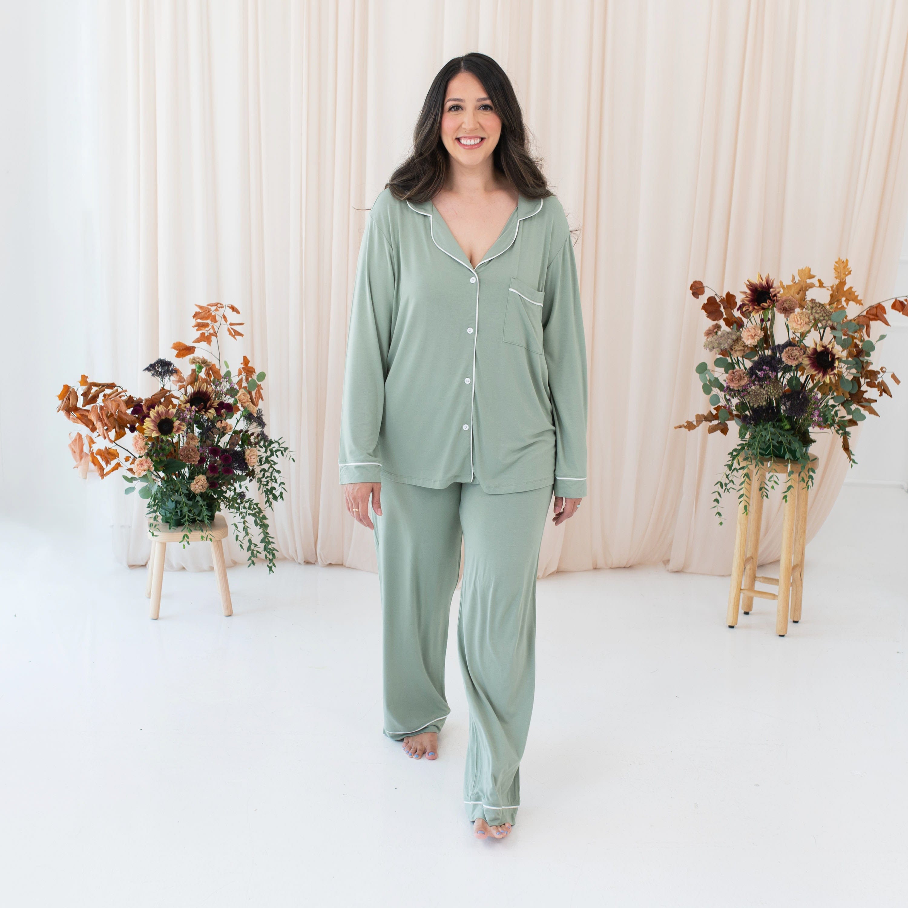 Kyte Baby Women’s Long Sleeve Pajama Set Women's Long Sleeve Pajama Set in Thyme with Cloud Trim