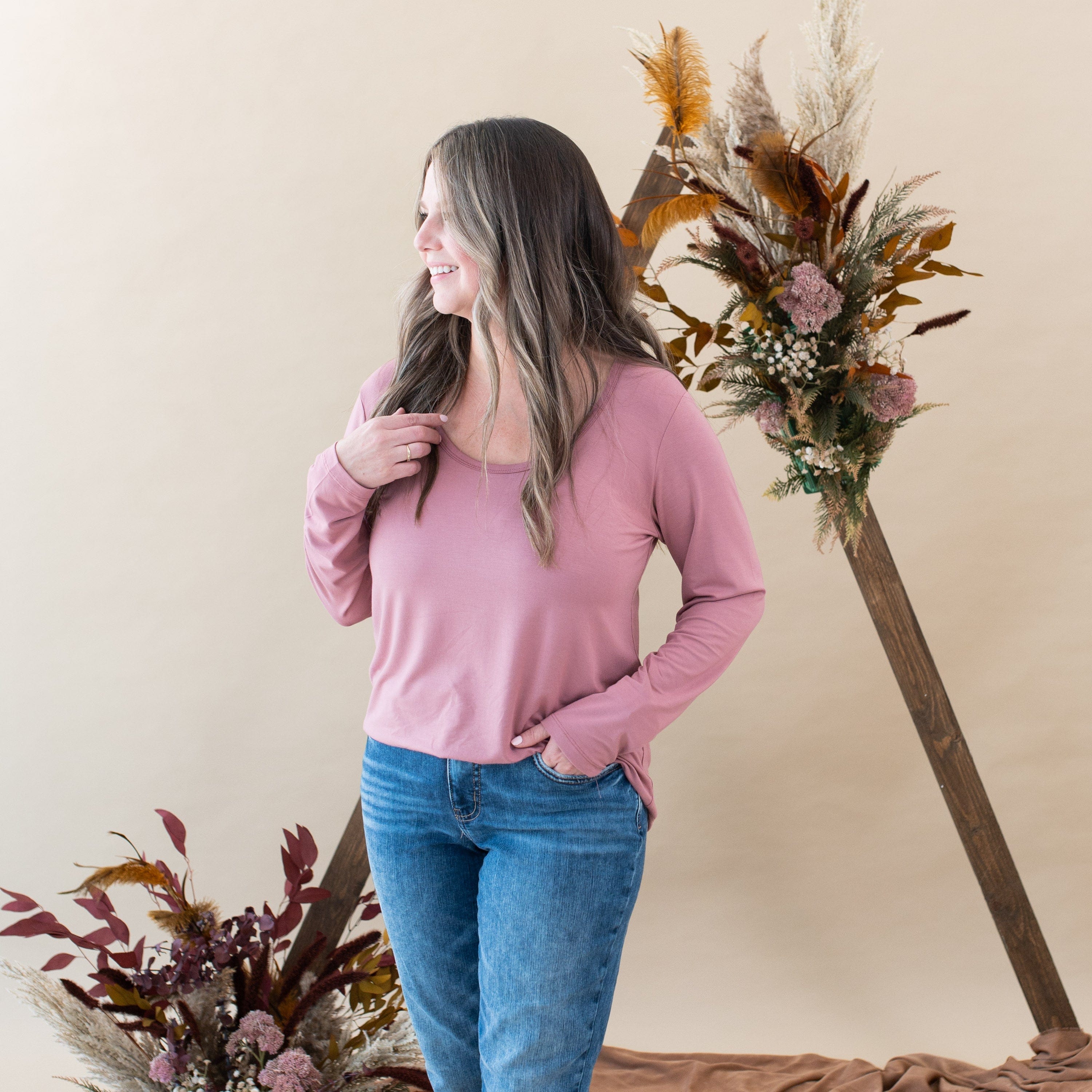 Women's Long Sleeve Scoop Neck Tee in Dusty Rose - Dusty Rose / XS (0-2)