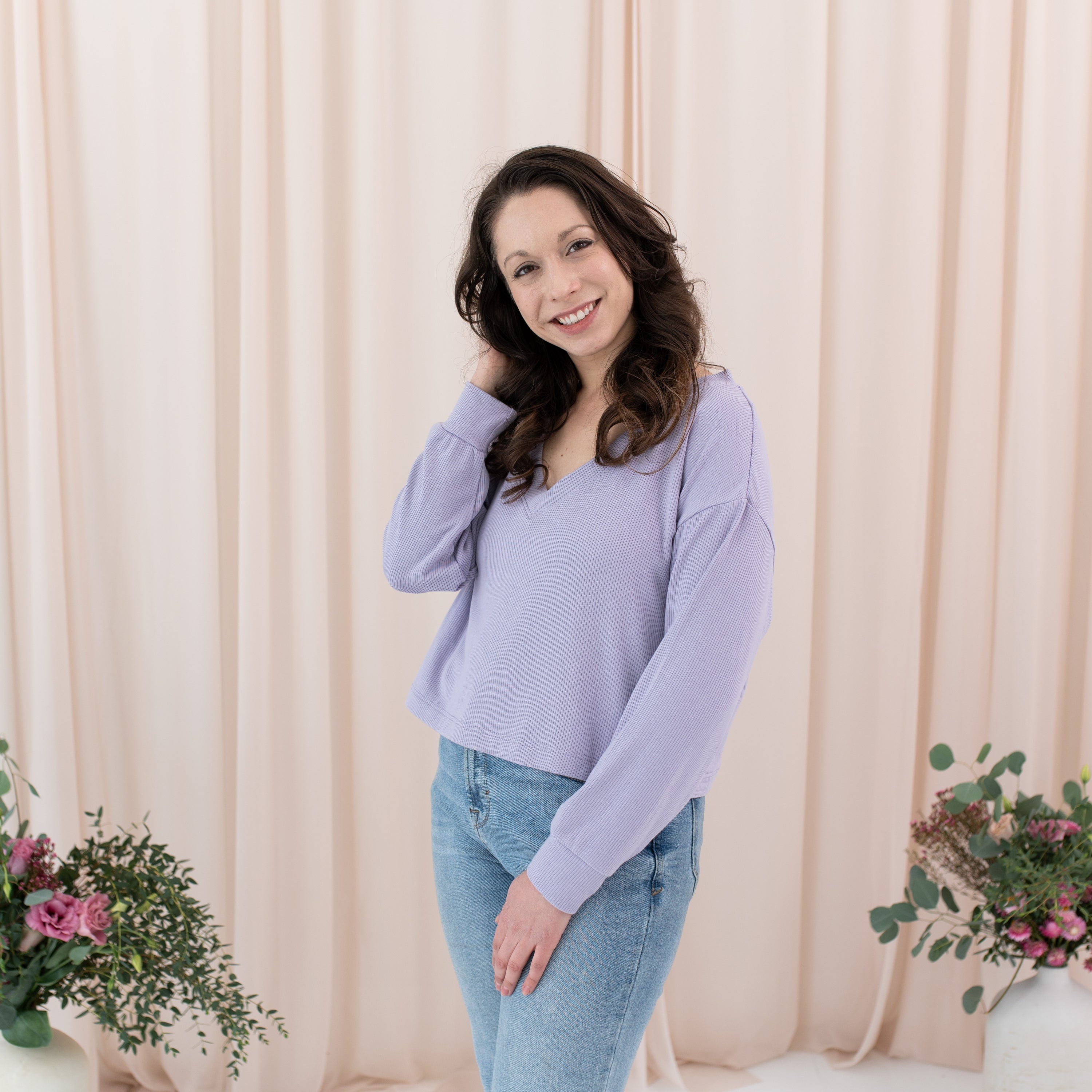 Women's Ribbed Long Sleeve Crop Top in Taro - Main Image