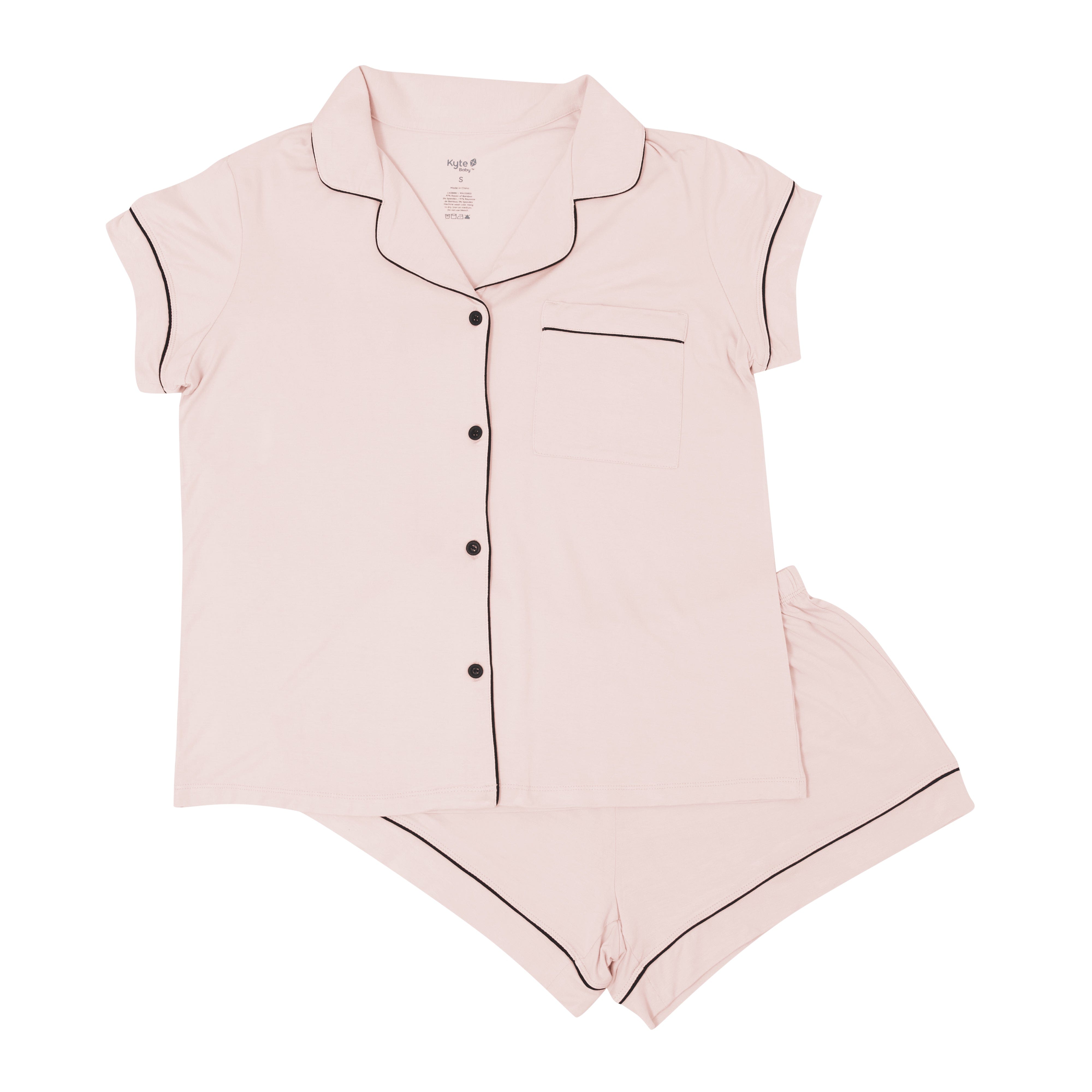 Kyte BABY Women’s Short Sleeve Pajama Set Women’s Short Sleeve Pajama Set in Blush with Midnight Trim