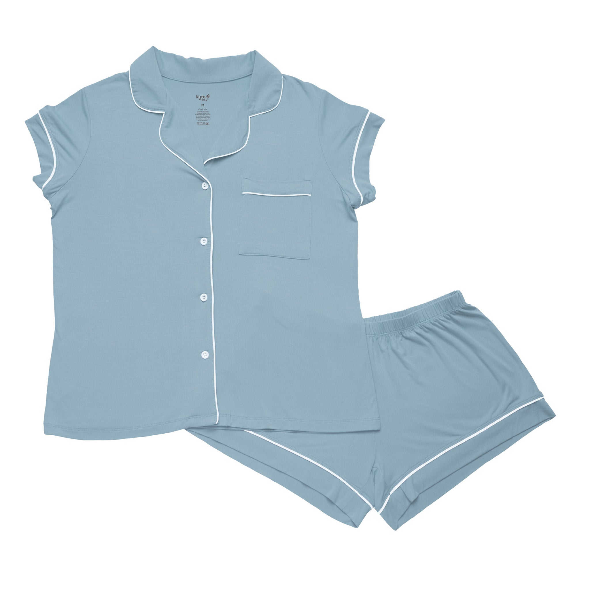 Kyte Baby Women's Short Sleeve Pajama Set in Dusty Blue with Cloud Trim