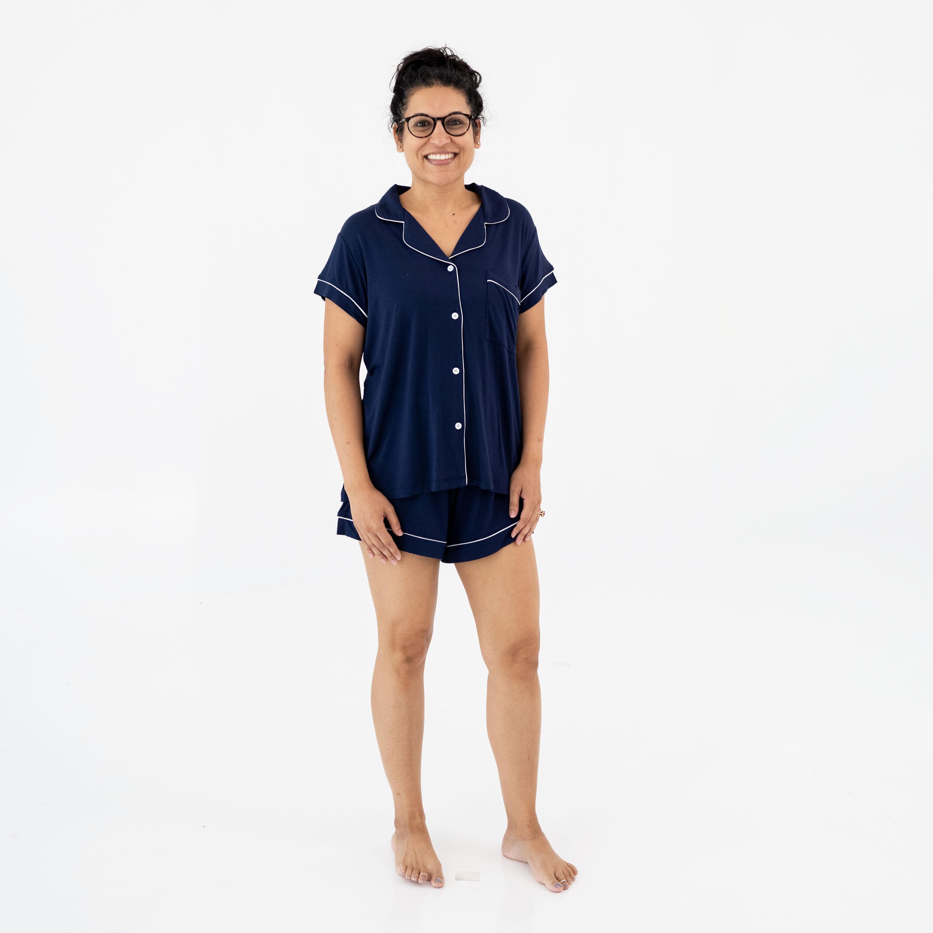 Women's Short Sleeve Pajama Set in Navy with Cloud Trim