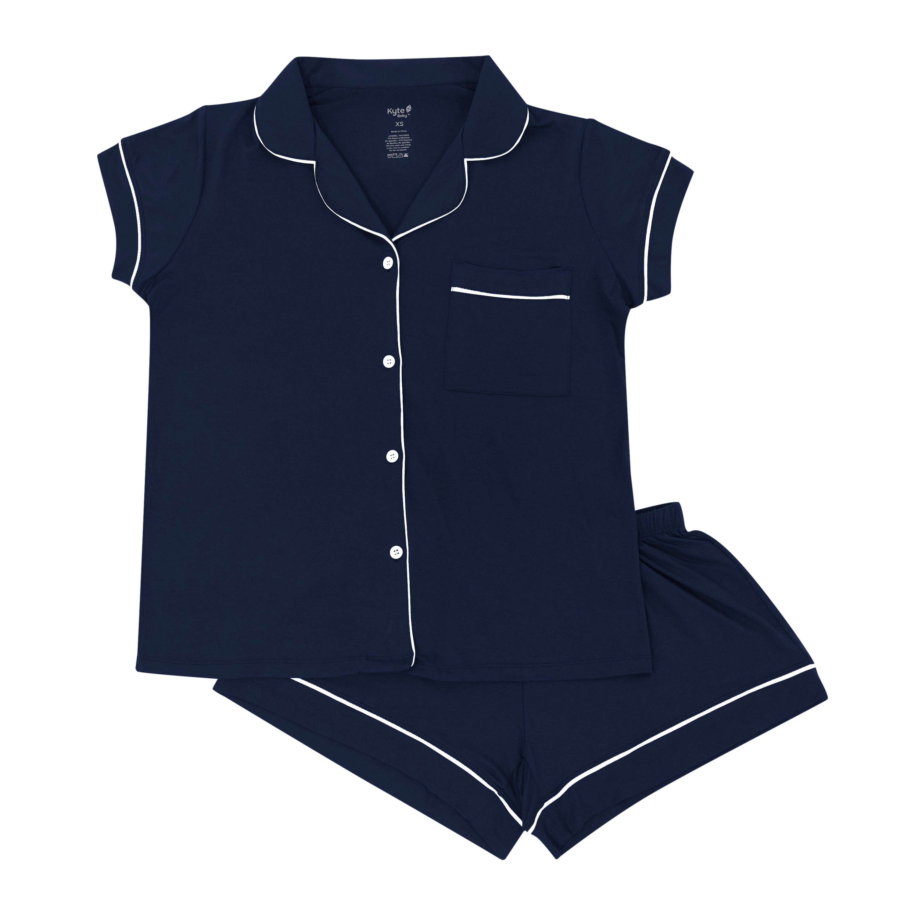 Kyte Baby Women's Short Sleeve Pajama Set in Navy with Cloud Trim