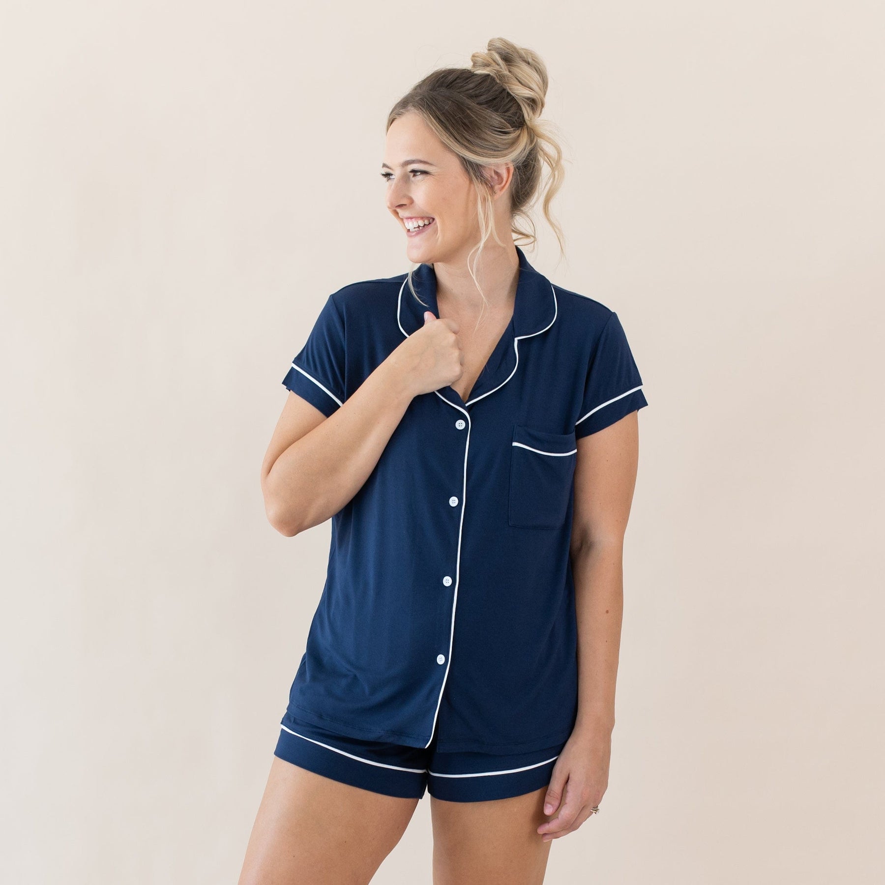 Kyte Baby Women’s Short Sleeve Pajama Set Women’s Short Sleeve Pajama Set in Navy with Cloud Trim