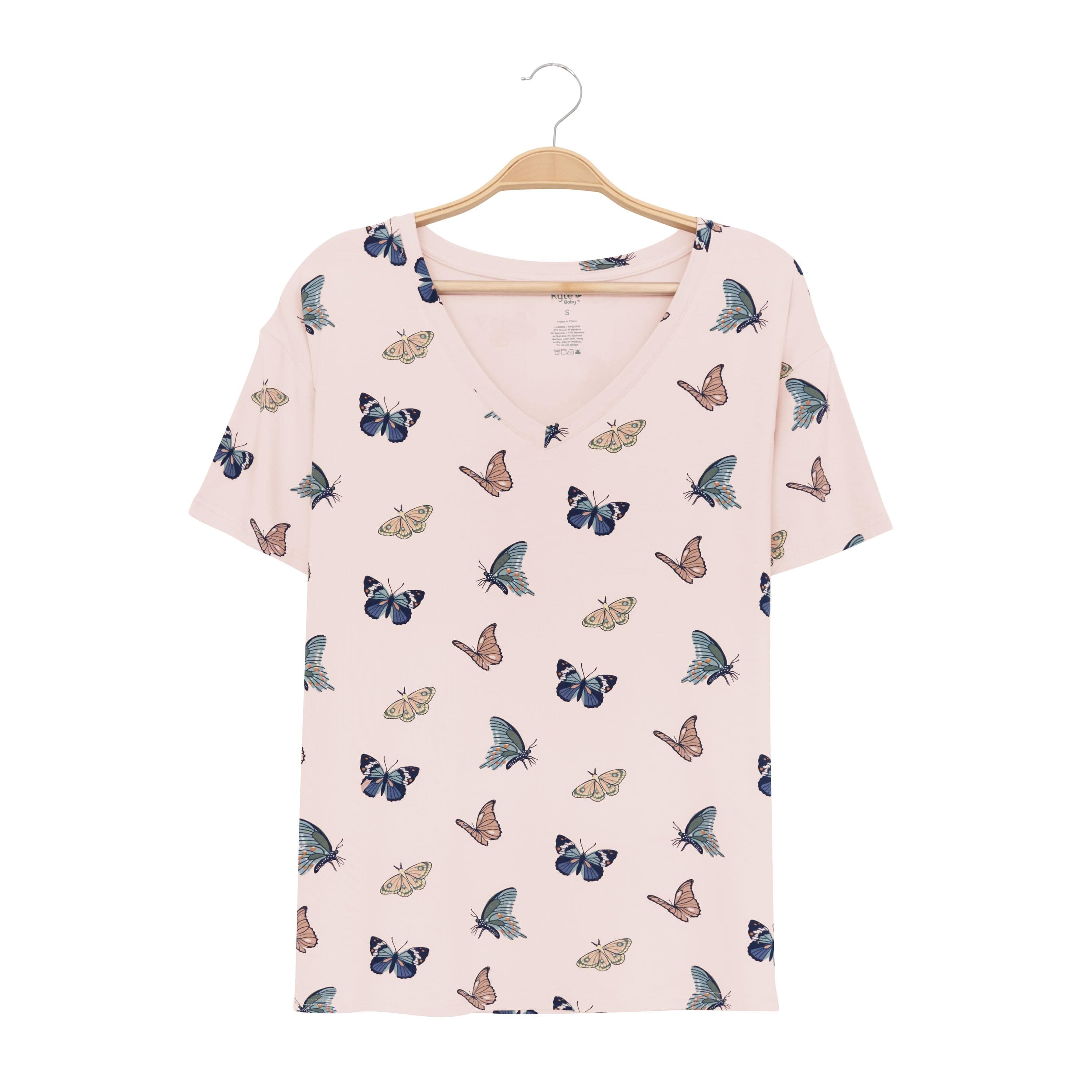 Kyte Baby Women's V-Neck Women's Relaxed Fit V-Neck in Blush Butterfly