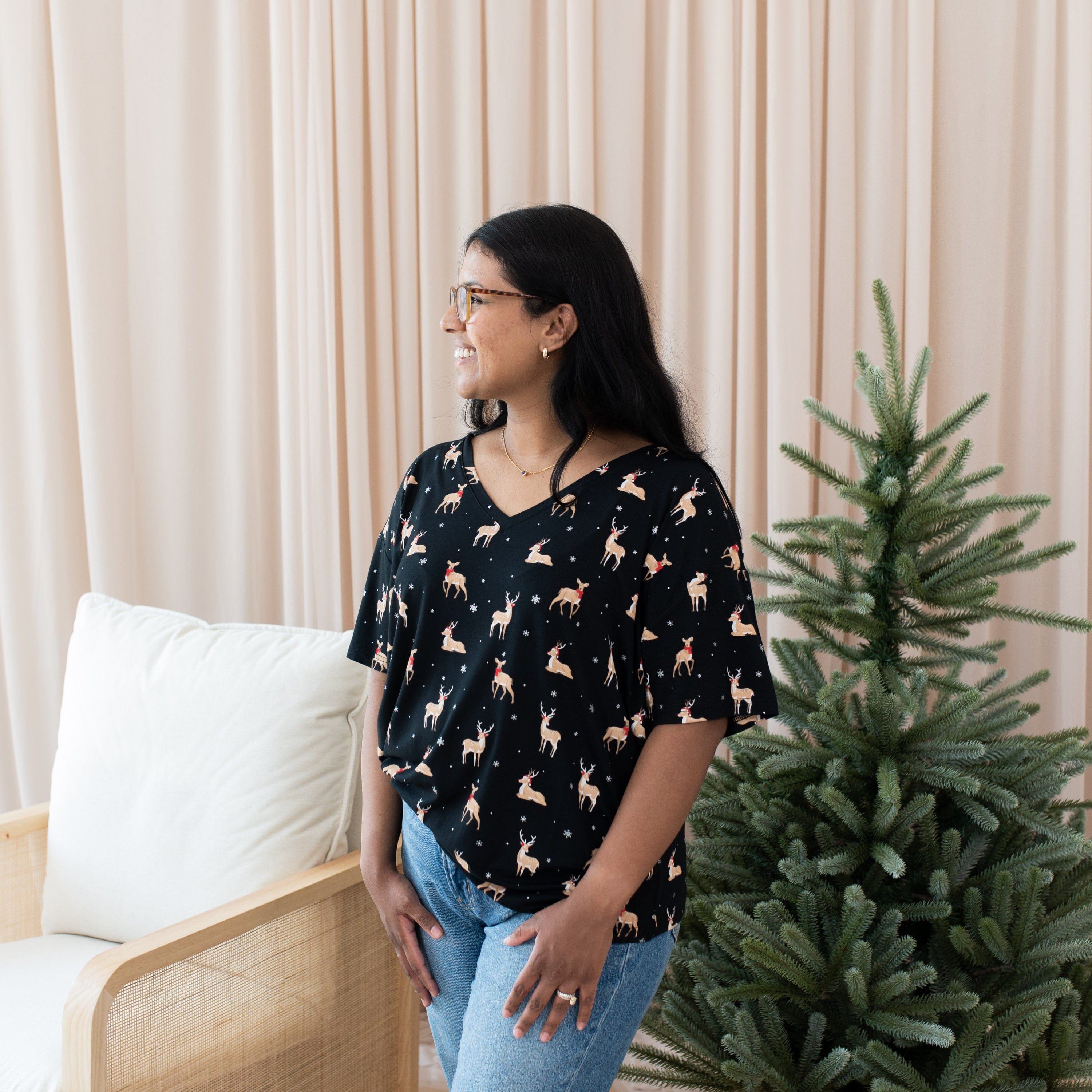 Kyte Baby Women's V-Neck Women’s Relaxed Fit V-Neck in Midnight Deer