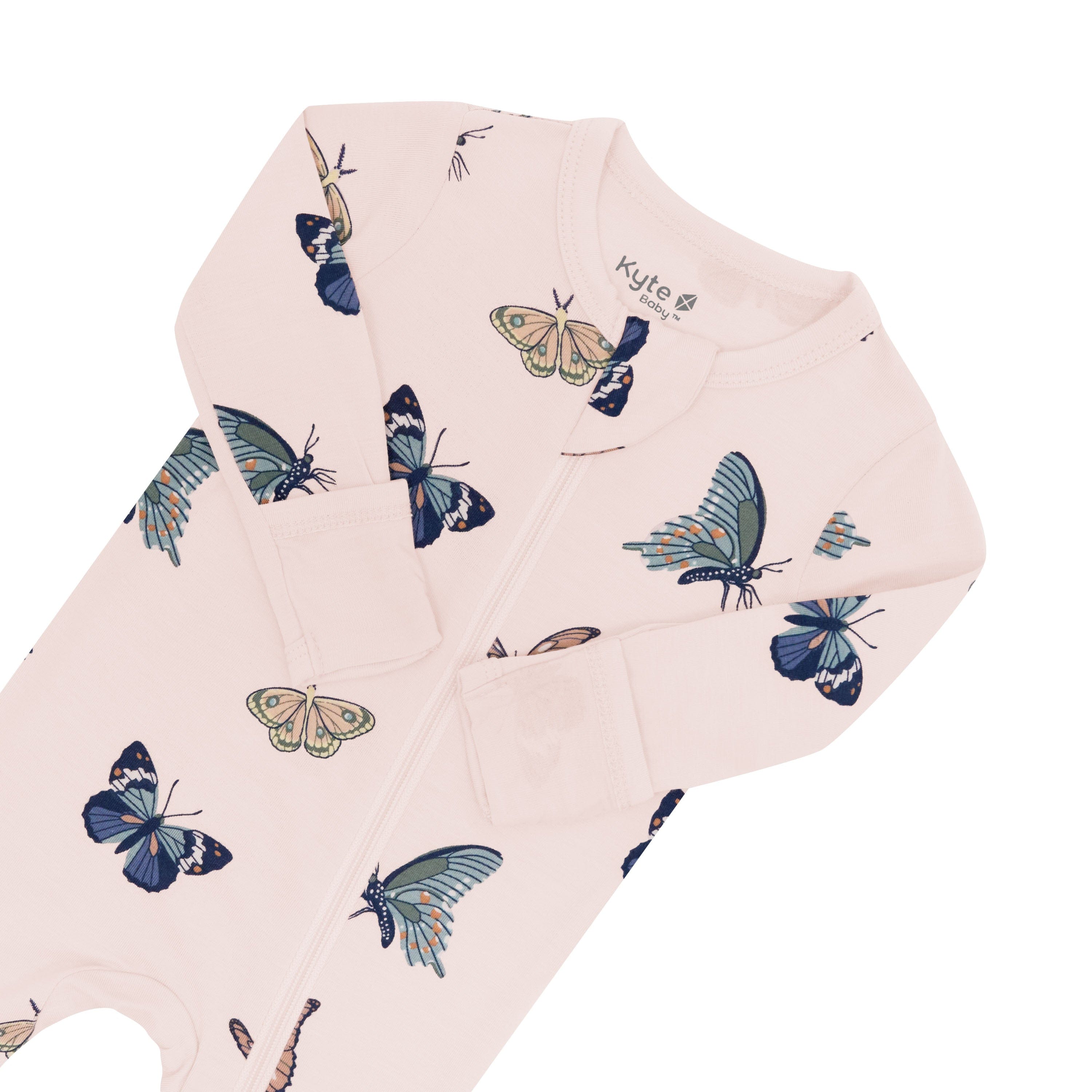 Zipper garage and fold over cuffs on the Zippered Footie in Blush Butterfly