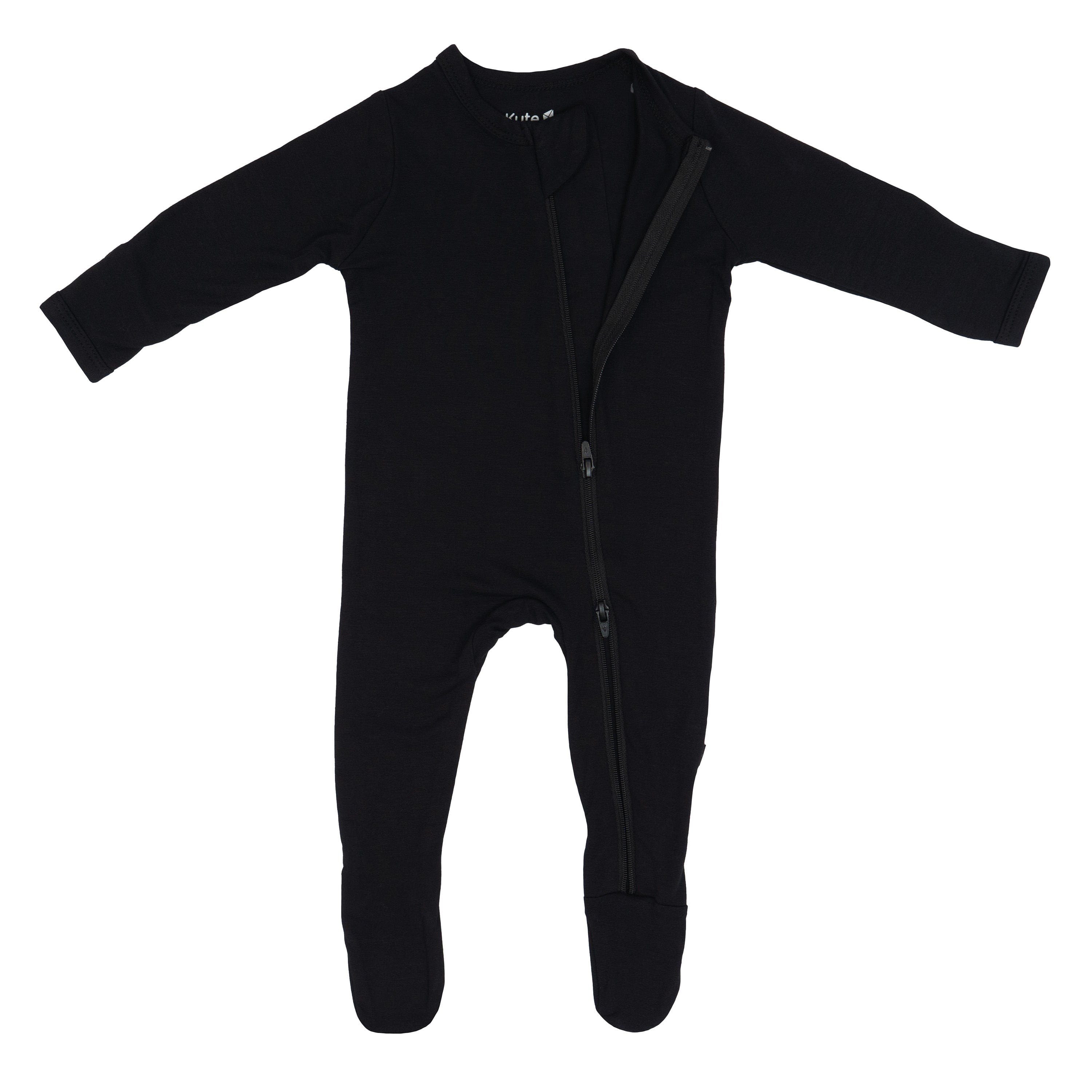 Dual zipper partially unzipped from the top on a  Zippered Footie in Midnight