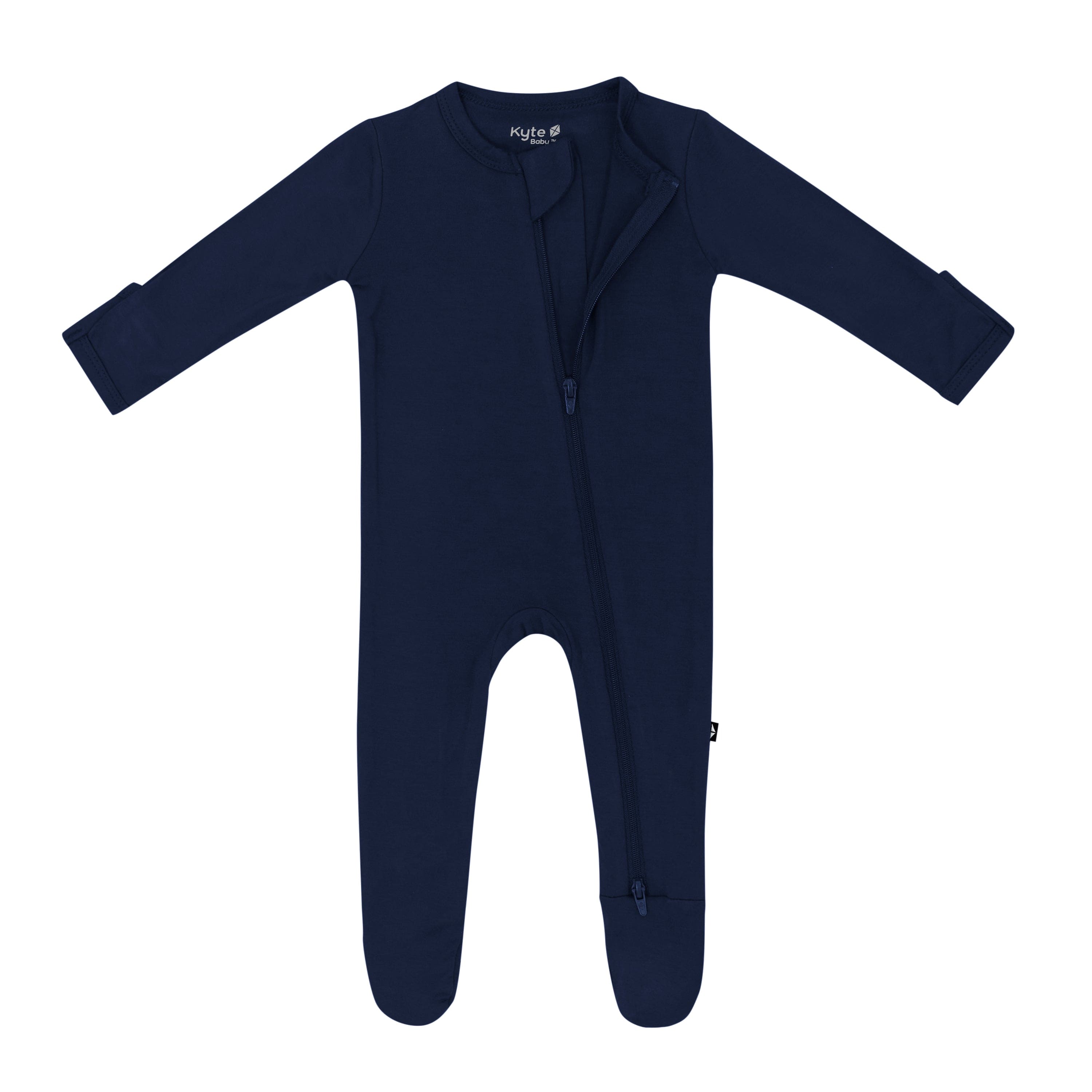 Dual zipper partially unzipped from the top on a Zippered Footie in Navy 