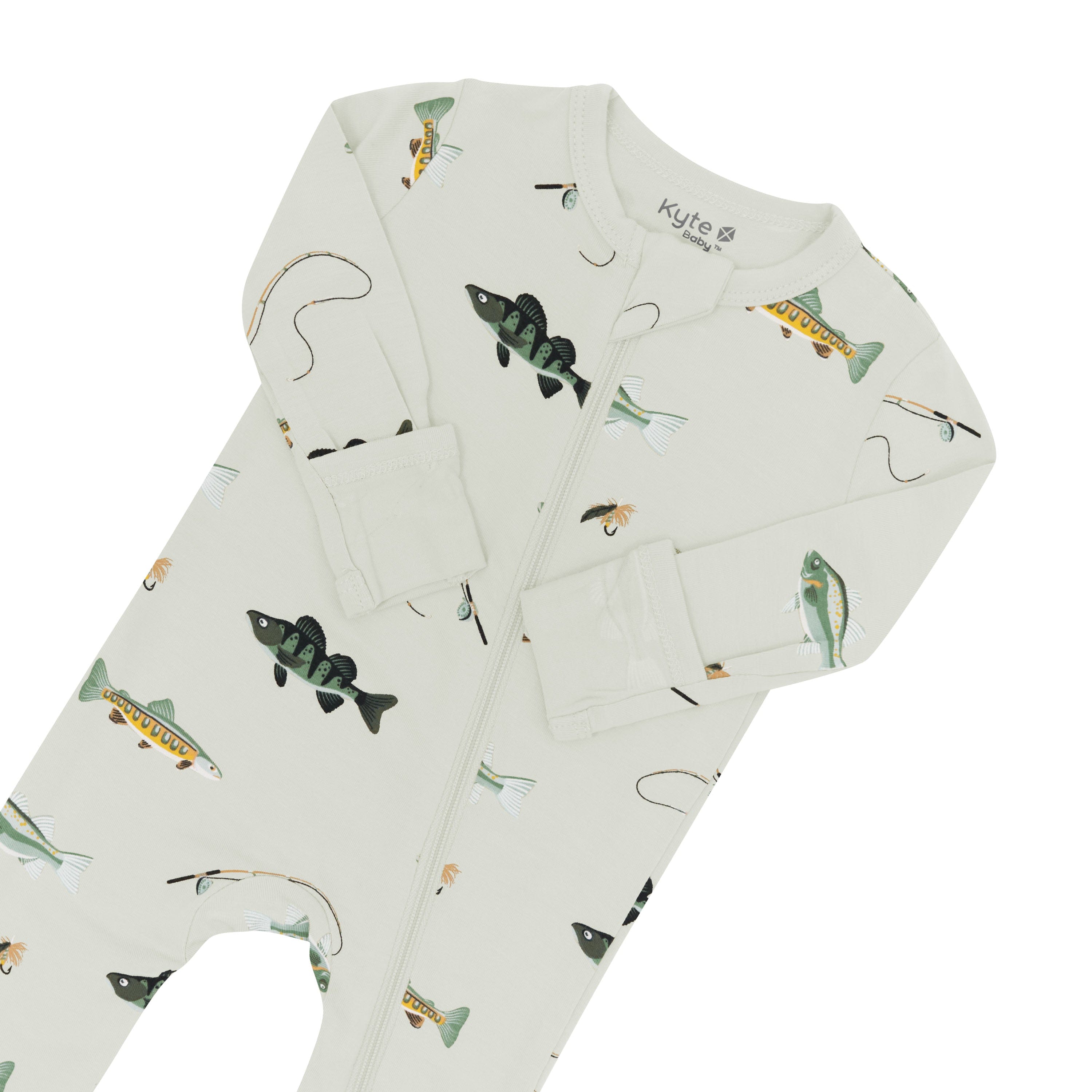 Zipper garage and fold over cuffs on the Zippered Romper in Fishing