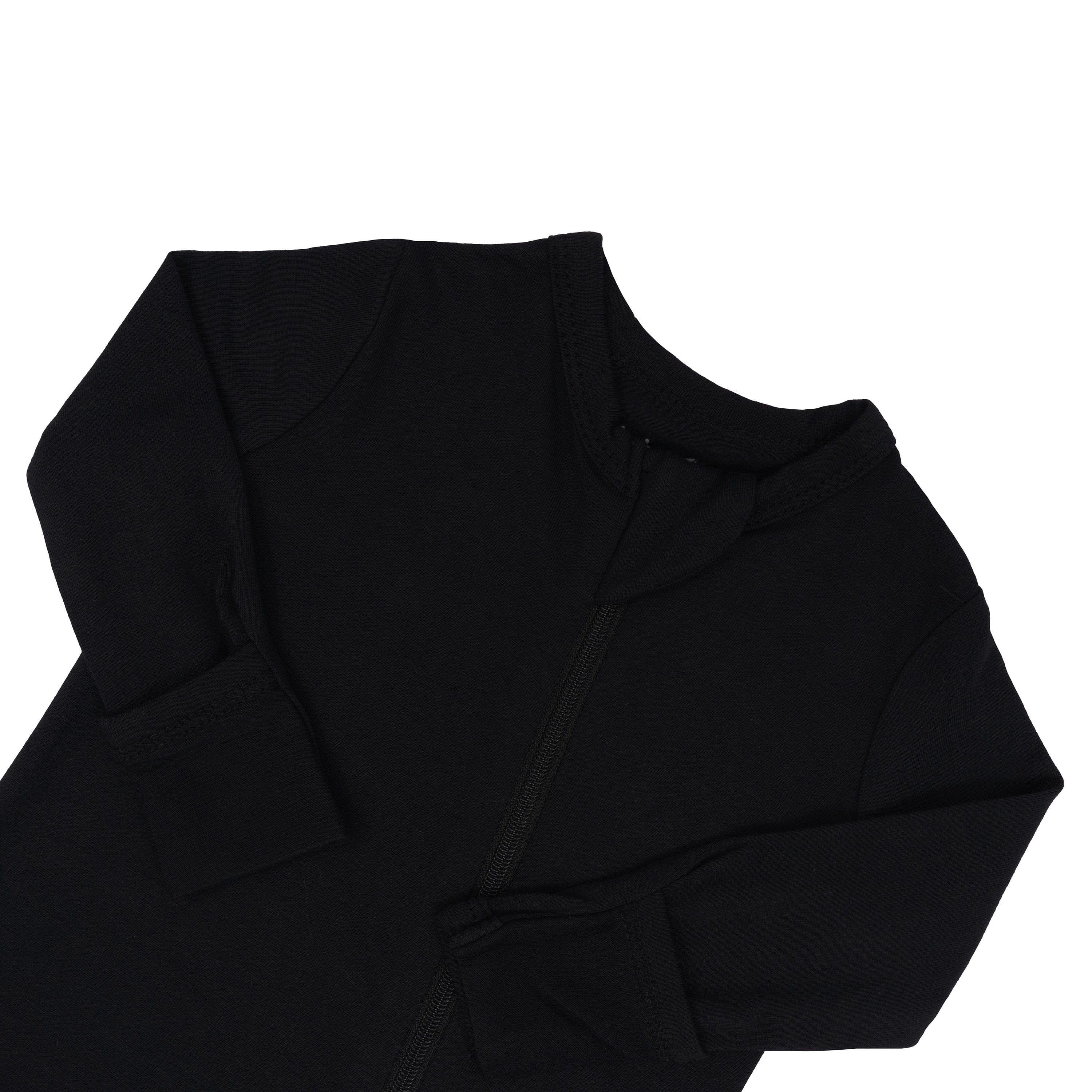 Close up of zipper garage and fold-over cuffs on  Zippered Romper in Midnight