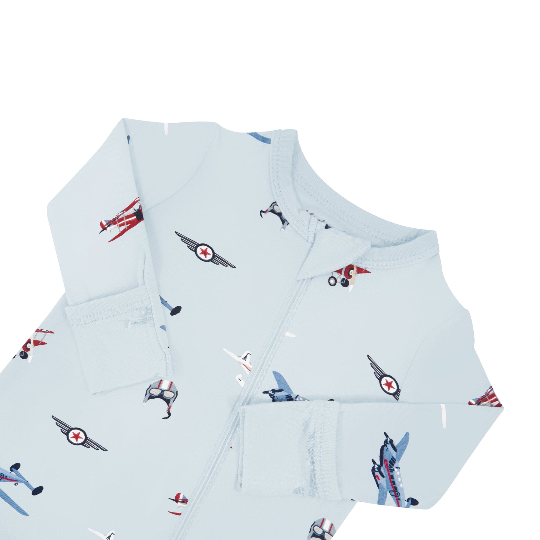 Zipper garage on Kyte Baby bamboo Zippered Romper in Vintage Planes