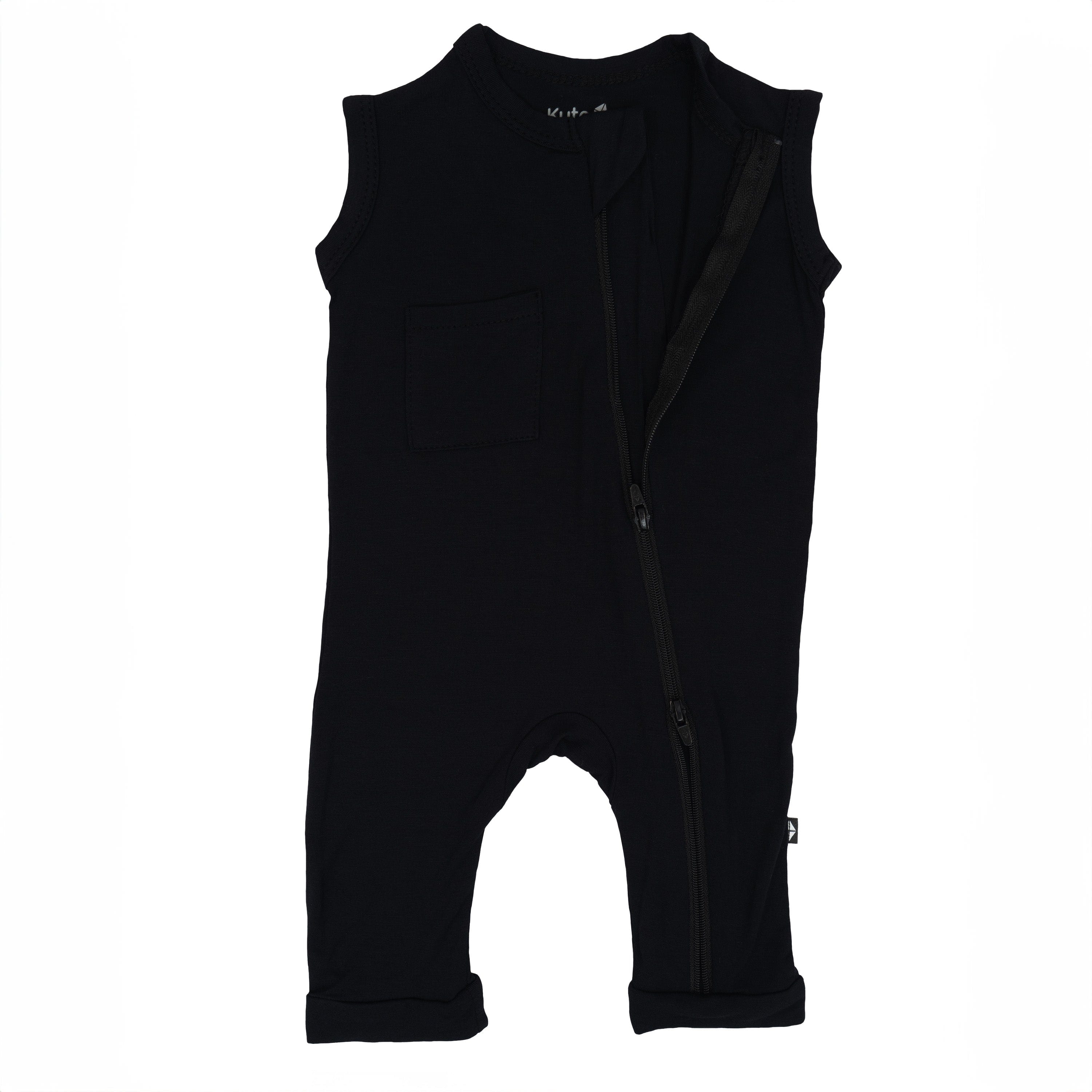 Unzipped dual zipper on Kyte Baby Zippered Sleeveless Romper in Midnight