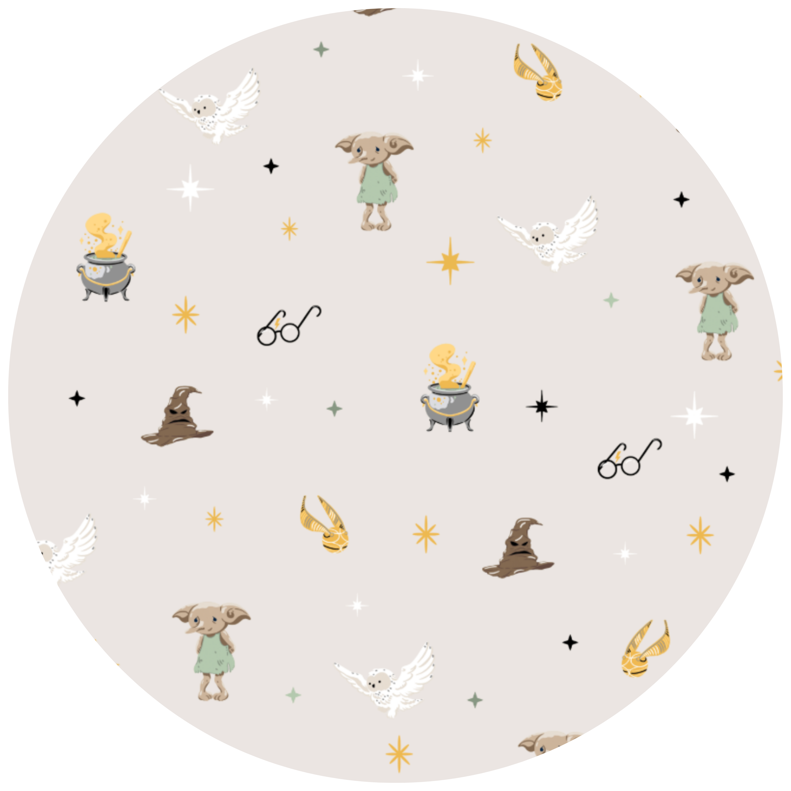 cream background with harry potter elements including harry's glasses, owl, sorting hat