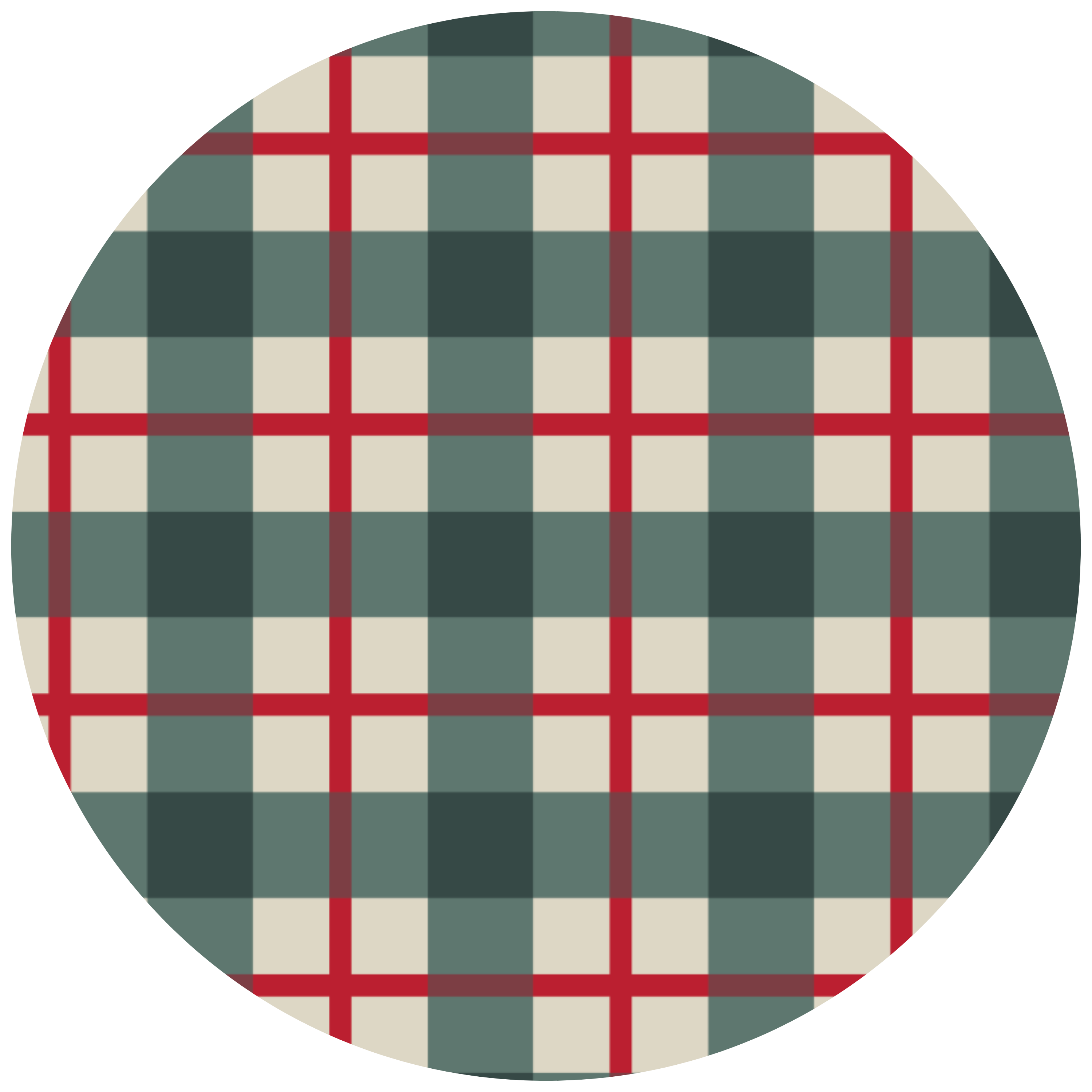 A circular product featuring a classic gingham plaid pattern in muted green, cream, and red, shown on a solid white background.