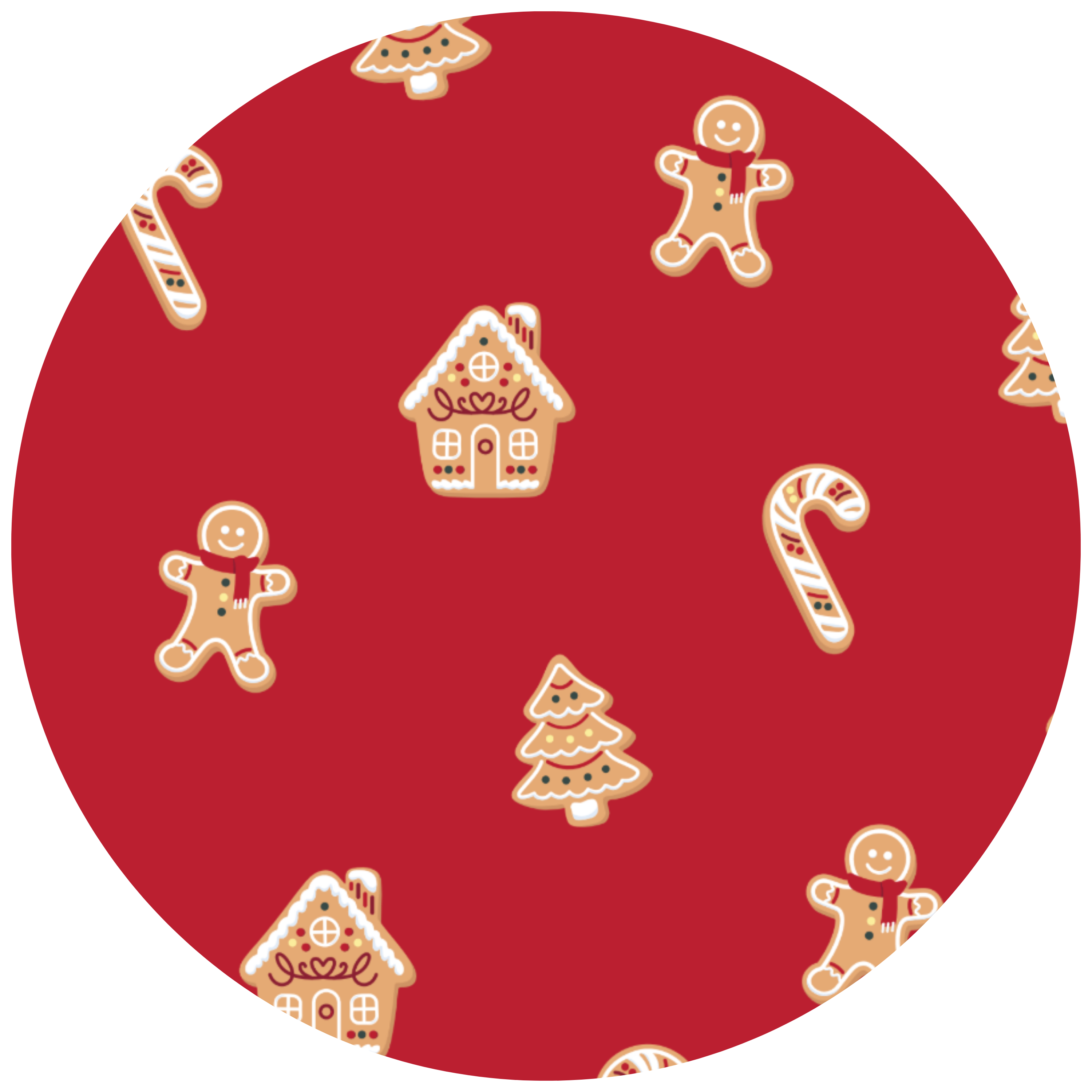 A circular graphic featuring a festive Christmas pattern with gingerbread houses, candy canes, and gingerbread men on a solid red background.