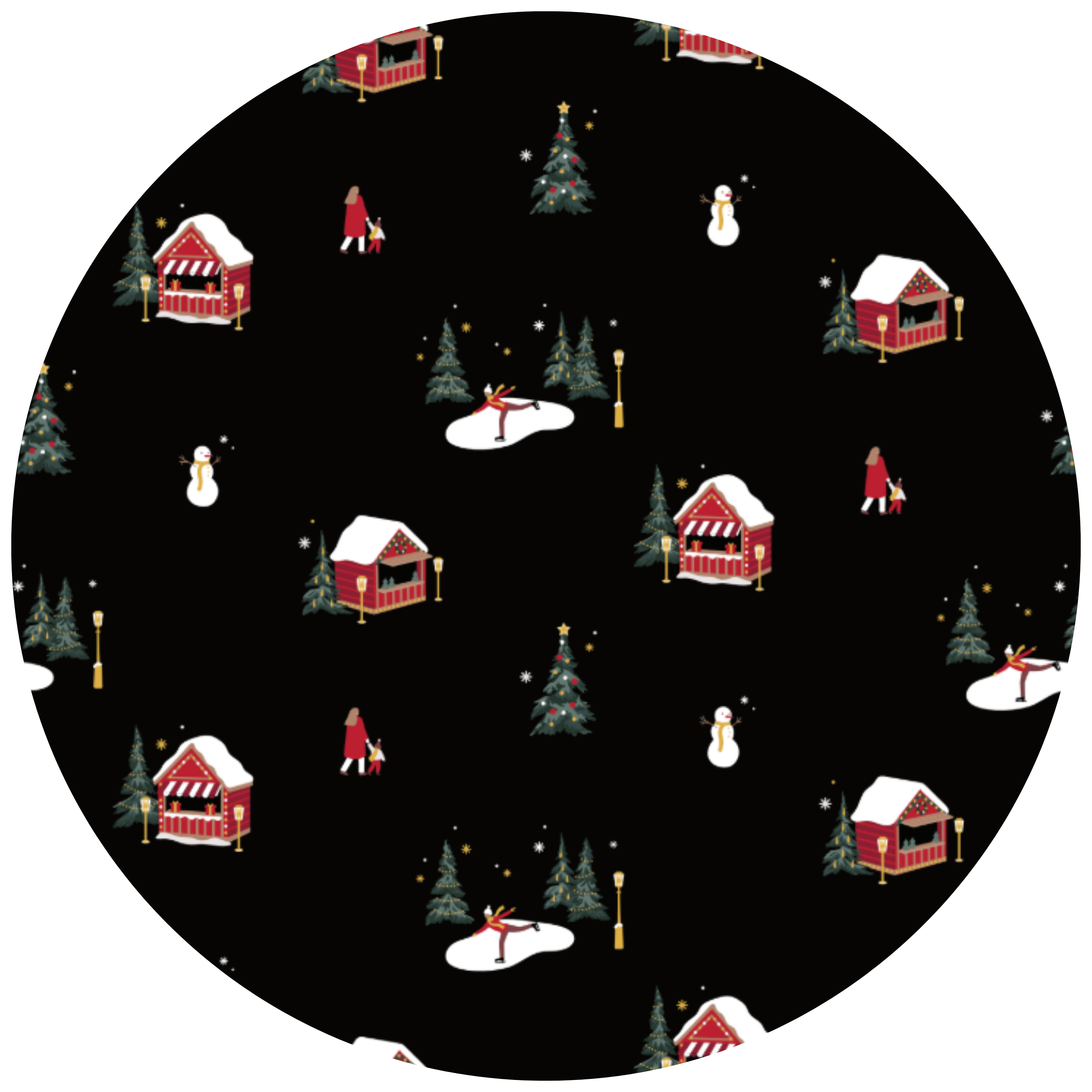A circular fabric swatch featuring a festive winter holiday pattern on a black background, with red cabins, snow-covered trees, snowmen, and small figures in red and white clothing.