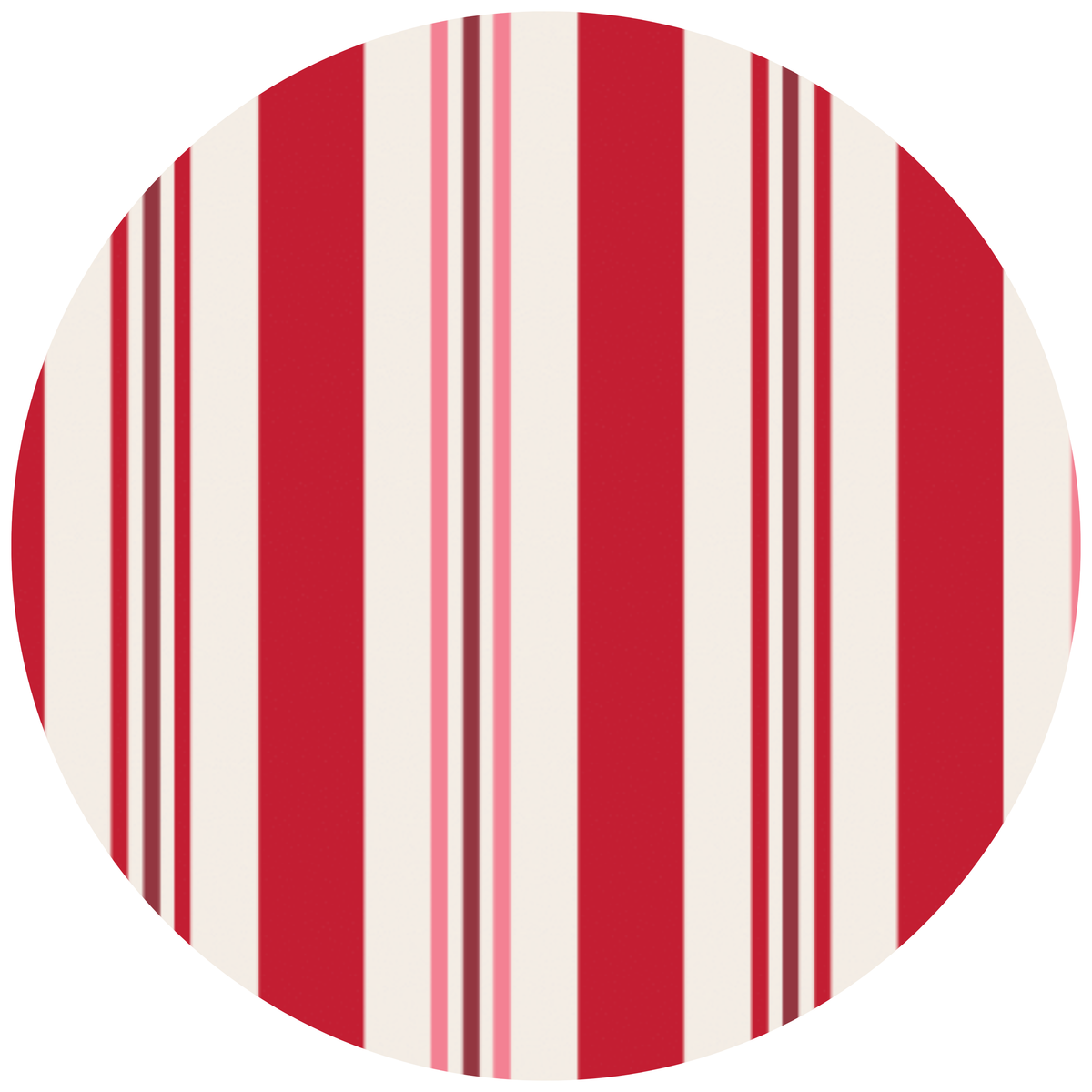 A circular graphic featuring a vertical striped pattern in red and off-white, with thin dark and light pink accent lines.