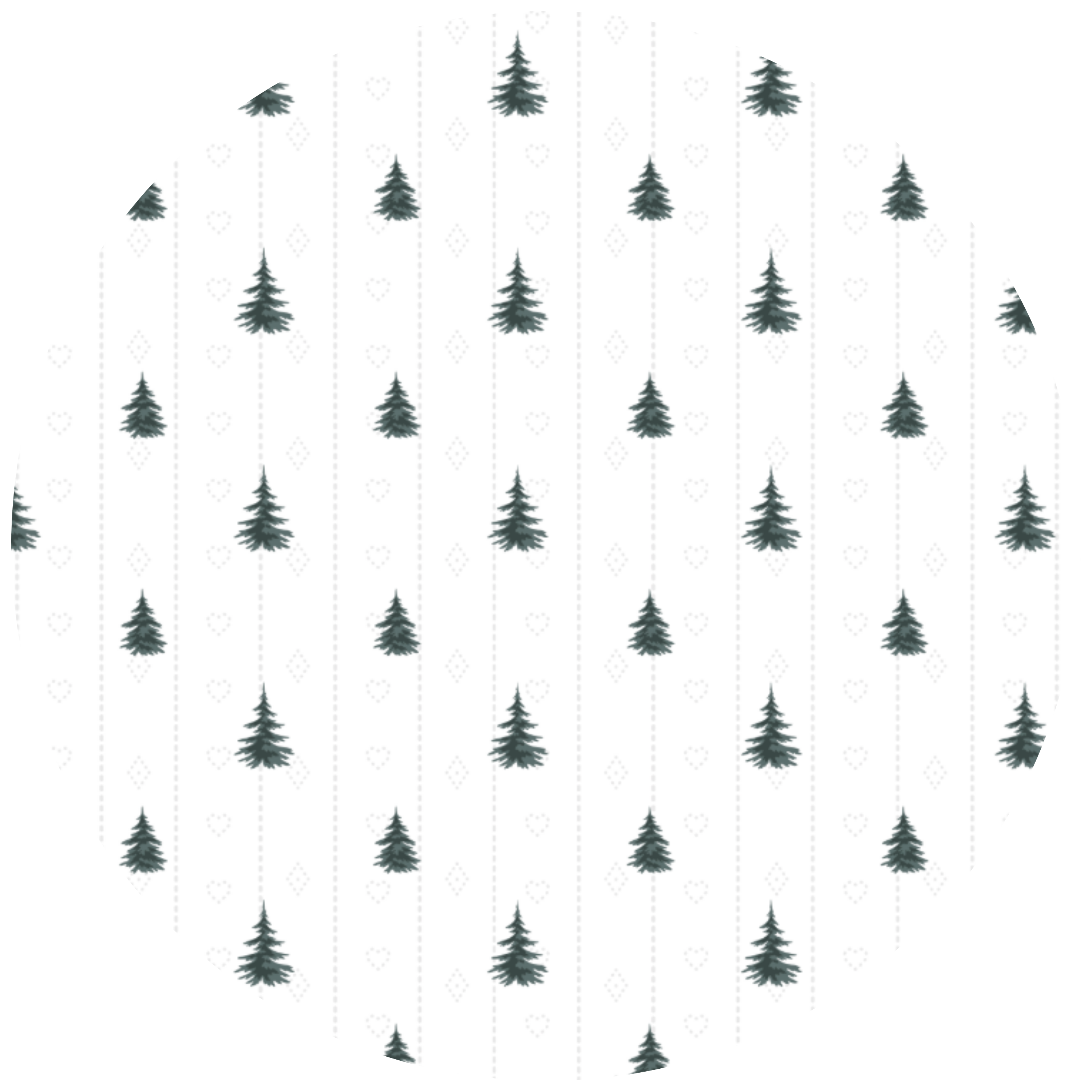 A repeating pattern of small dark green pine tree silhouettes arranged in vertical rows on a white background, with faint light gray heart and diamond motifs behind them.