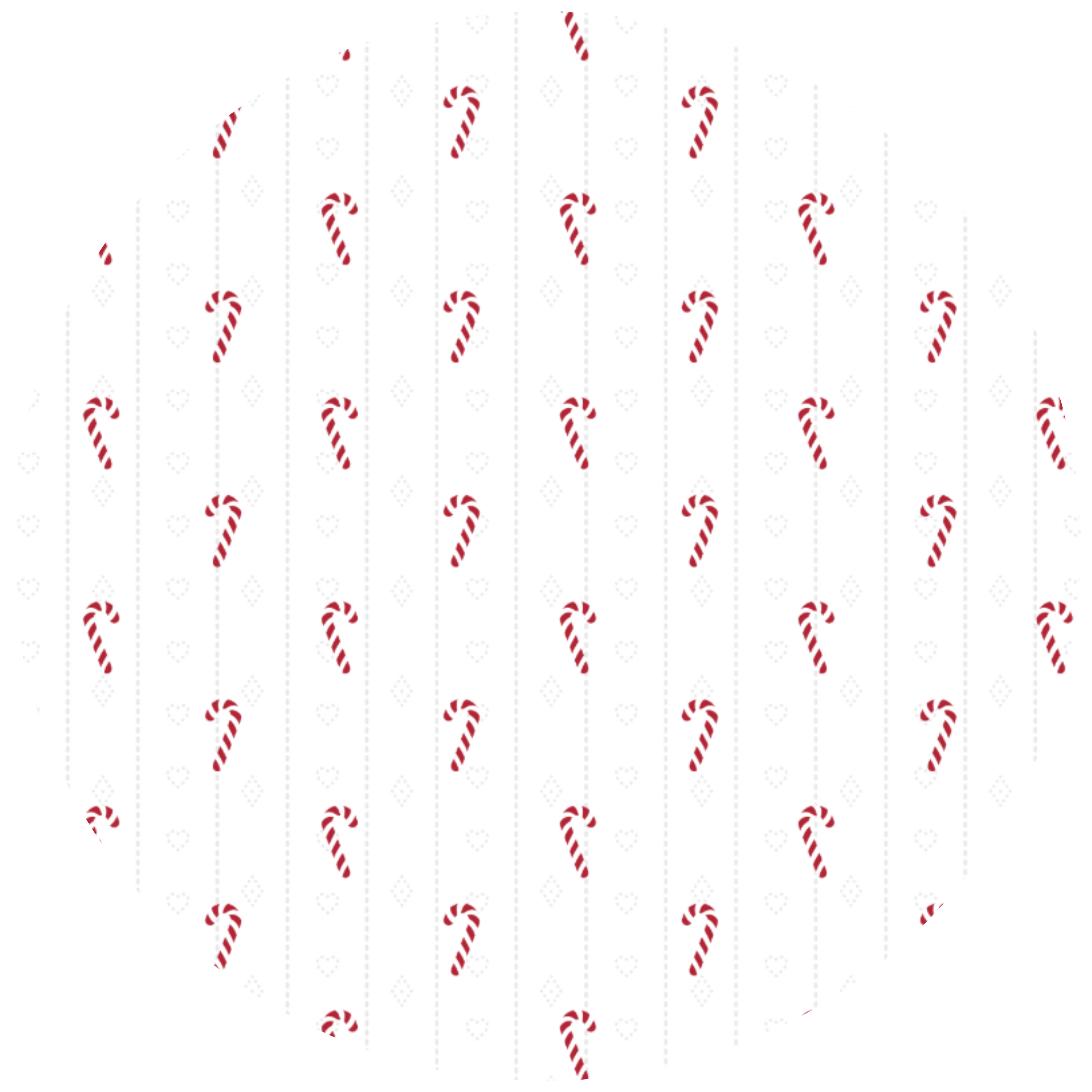 A repeating pattern of red-and-white candy canes with faint white heart shapes and dotted vertical lines on a white background.
