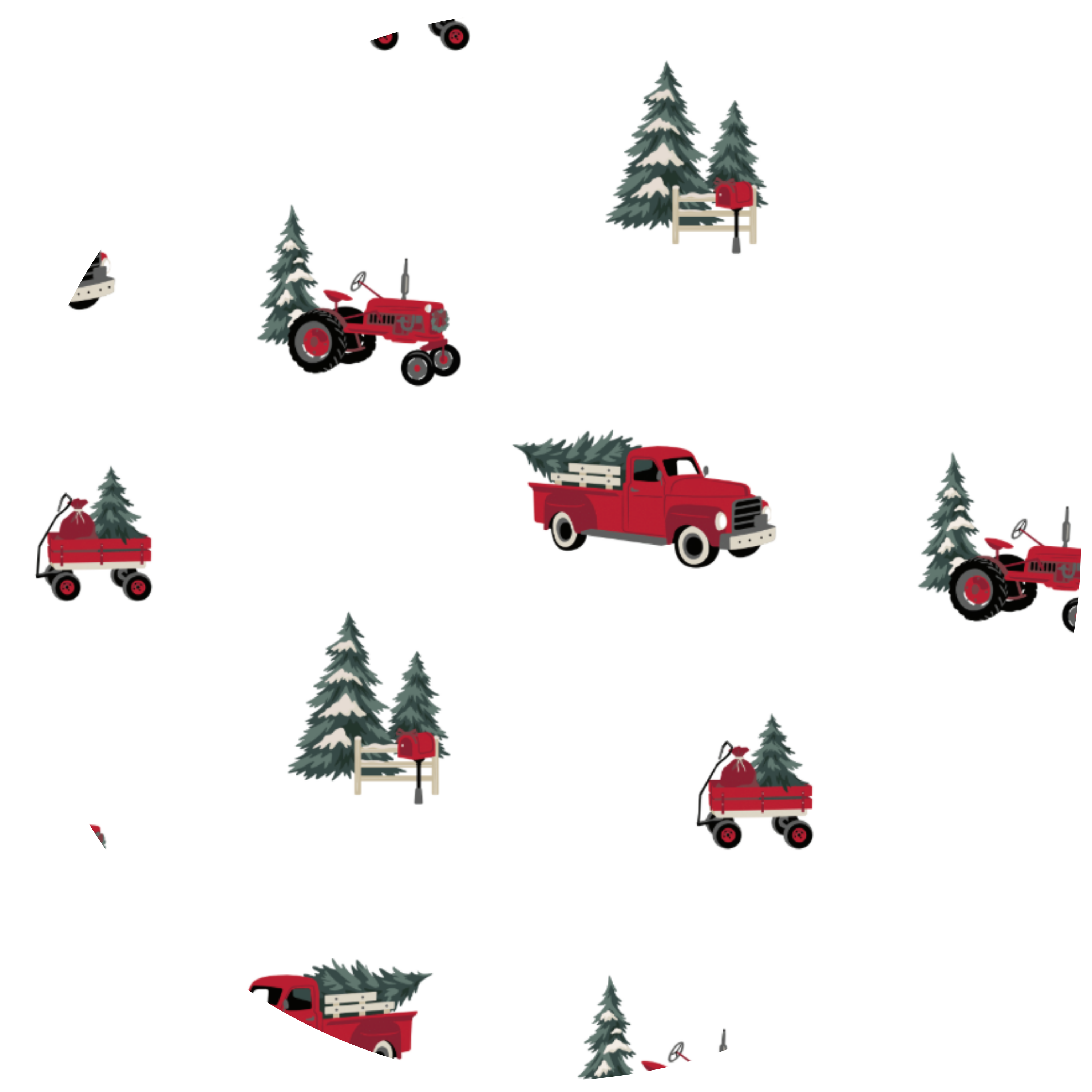 A fabric swatch of red trucks, wagons and tractors with christmas trees on a white background
