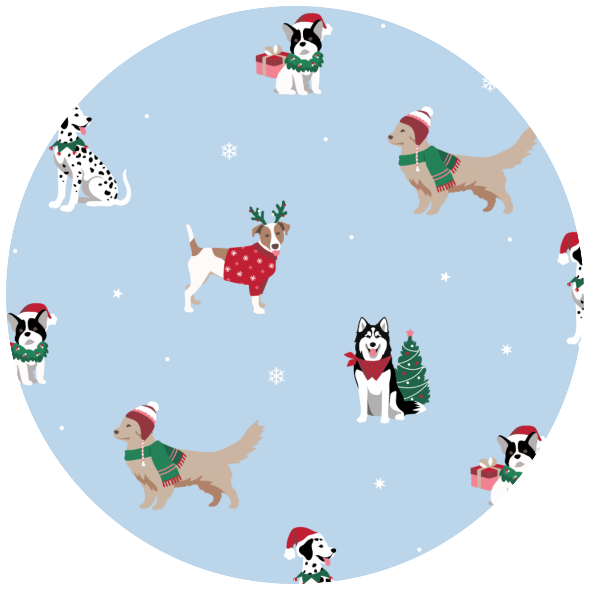 A circular pattern featuring Christmas dogs in holiday attire on a light blue background with white snowflakes. The dogs include a Dalmatian with a Santa hat and scarf, a tan dog in a red sweater, a husky with a Christmas tree and red bow, and other dogs wearing red and green holiday clothing.