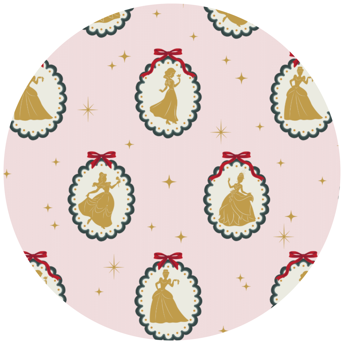 A circular fabric pattern swatch featuring a repeating design of gold princess silhouettes inside scalloped white and dark green ovals with red bows, set against a light pink background with small gold stars.