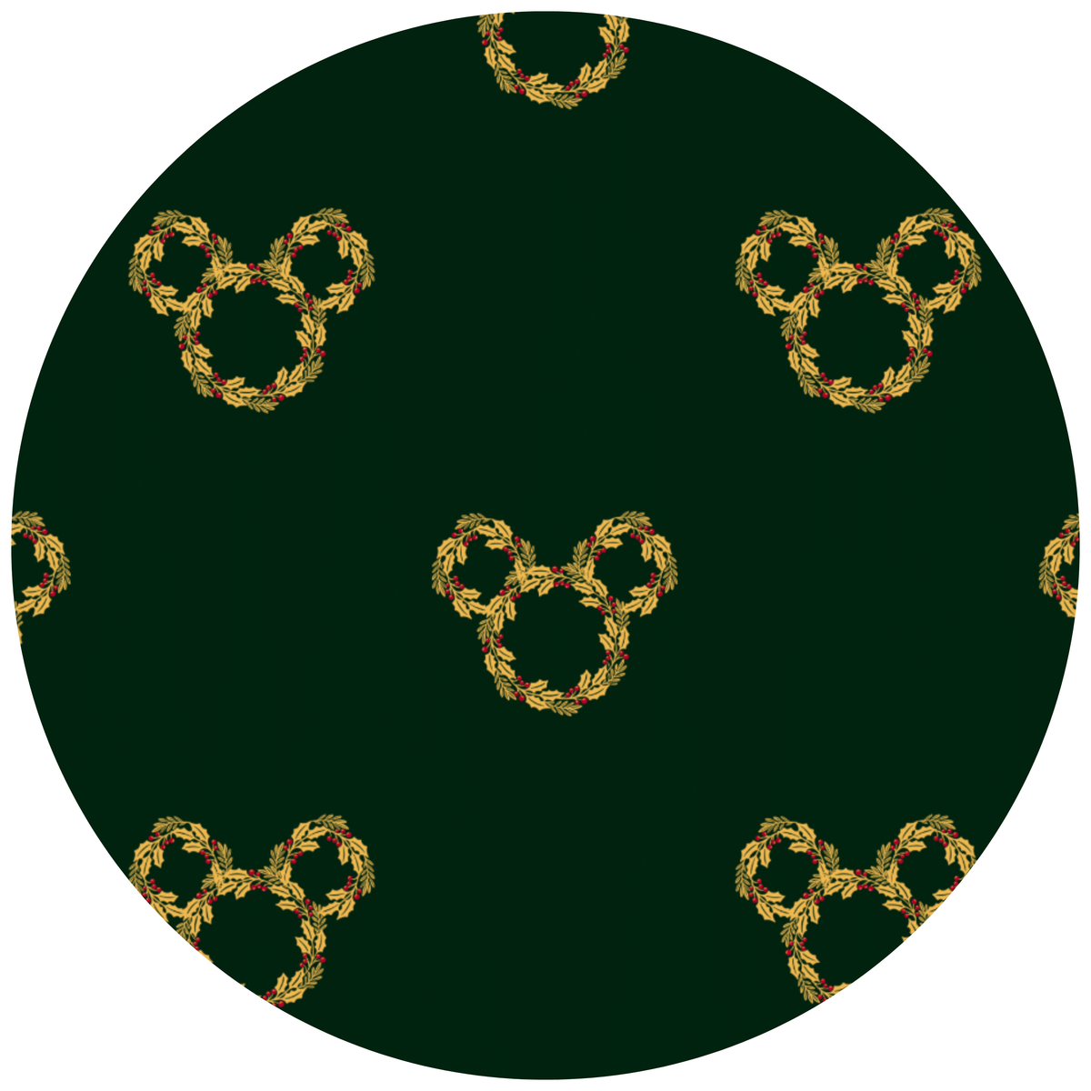 A circular product featuring a dark green background with a repeating pattern of golden-yellow wreath-shaped Mickey Mouse head silhouettes.
