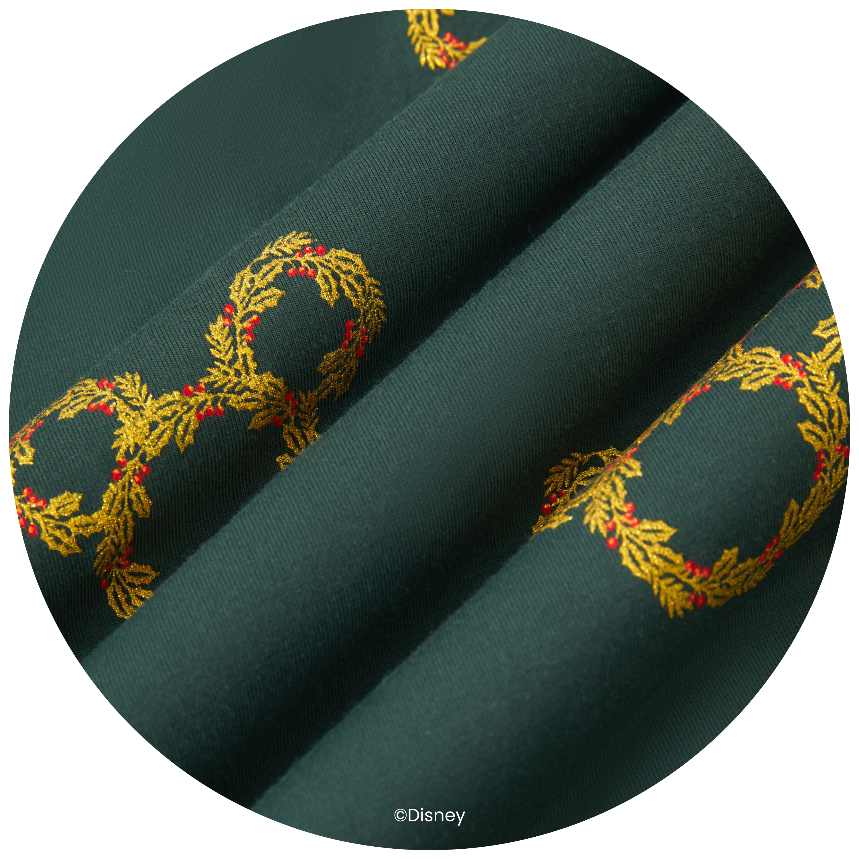 green fabric with gold mickey ear wreath pattern